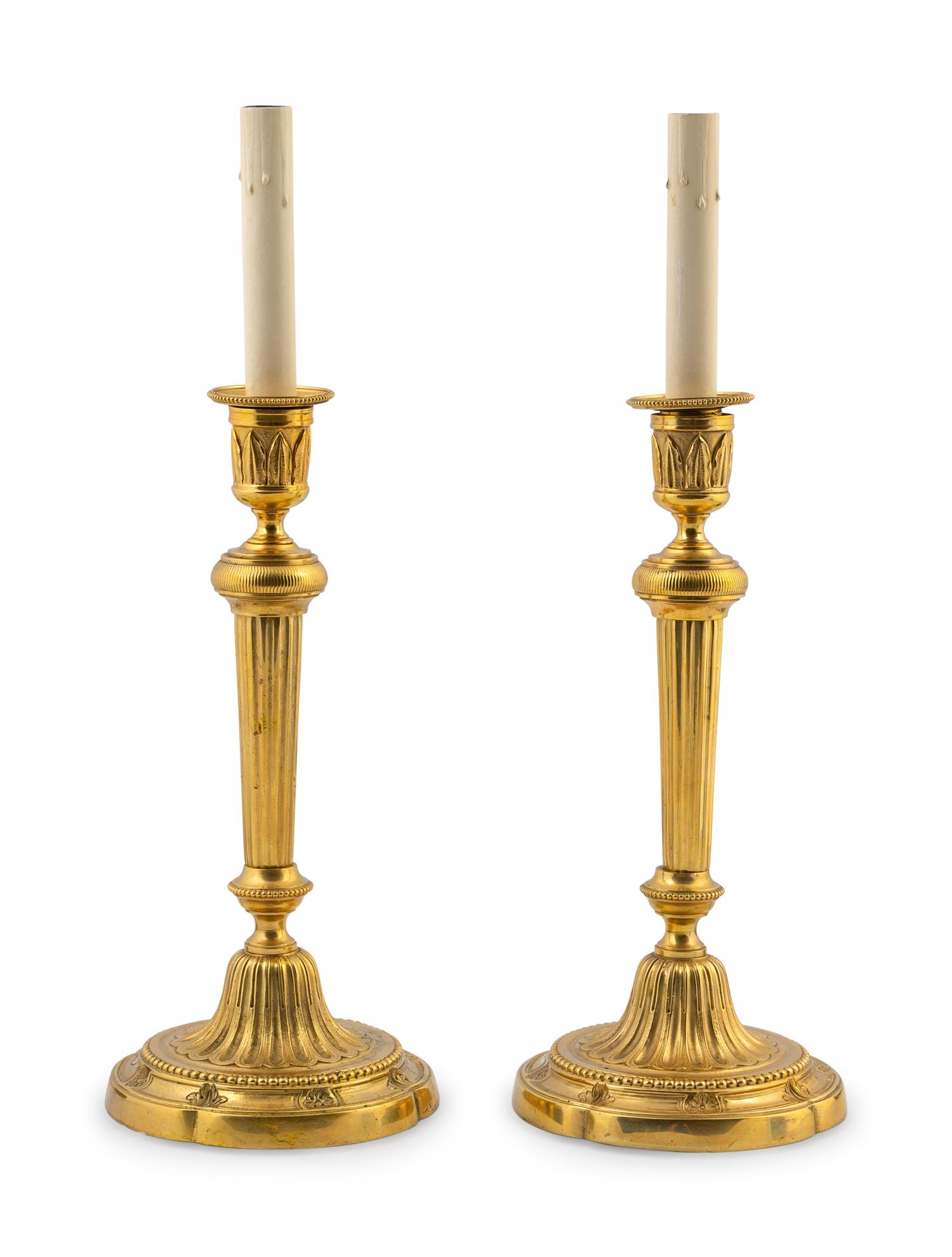 A Pair of Louis XVI Style Gilt-Bronze Candlestick Lamps