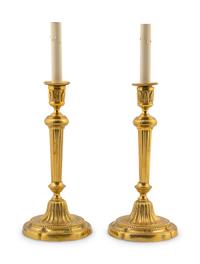 A Pair of Louis XVI Style Gilt-Bronze Candlestick Lamps