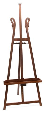 An English Carved Mahogany Swan's Neck Easel Height 81 x width 29 1/2 inches.