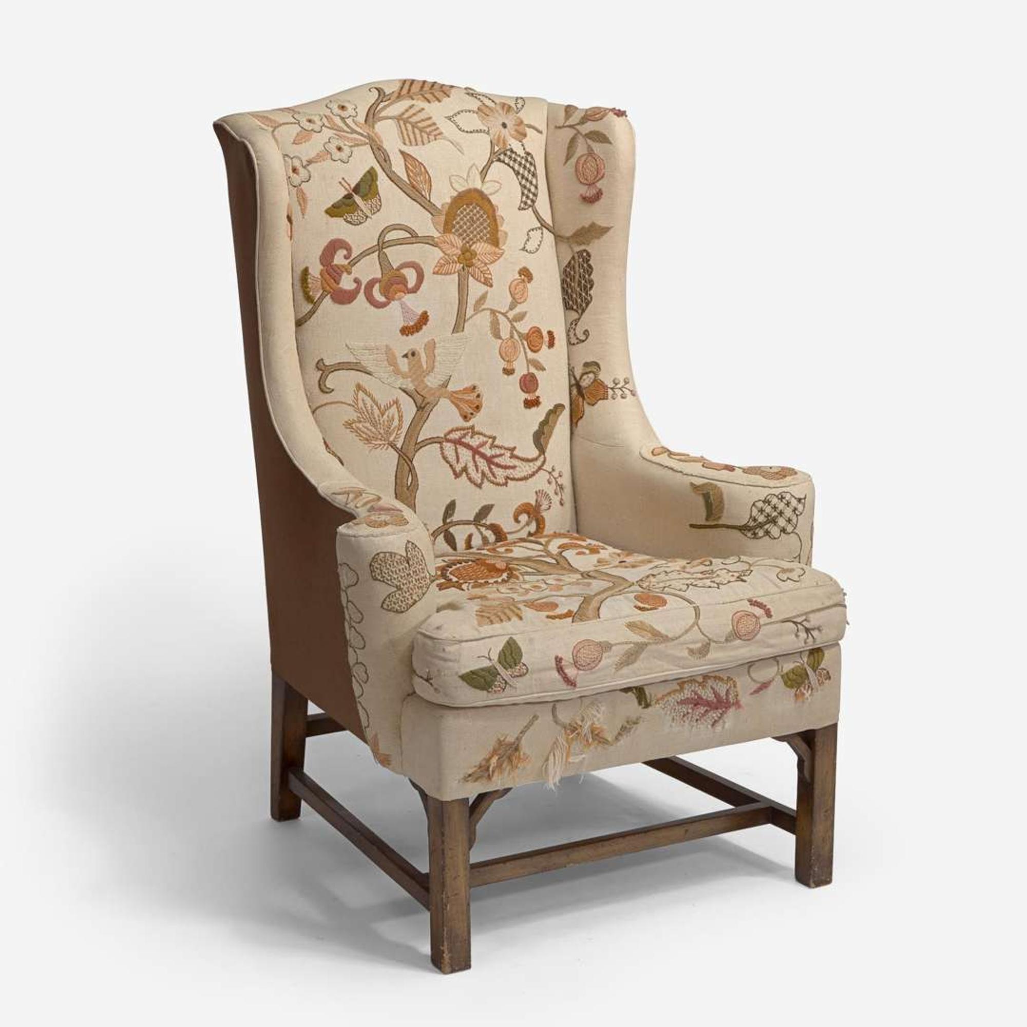 With Embroidered Upholstery by Erica Wilson (American, 1928-2011) George III Style Wing Chair, USA, 20th century