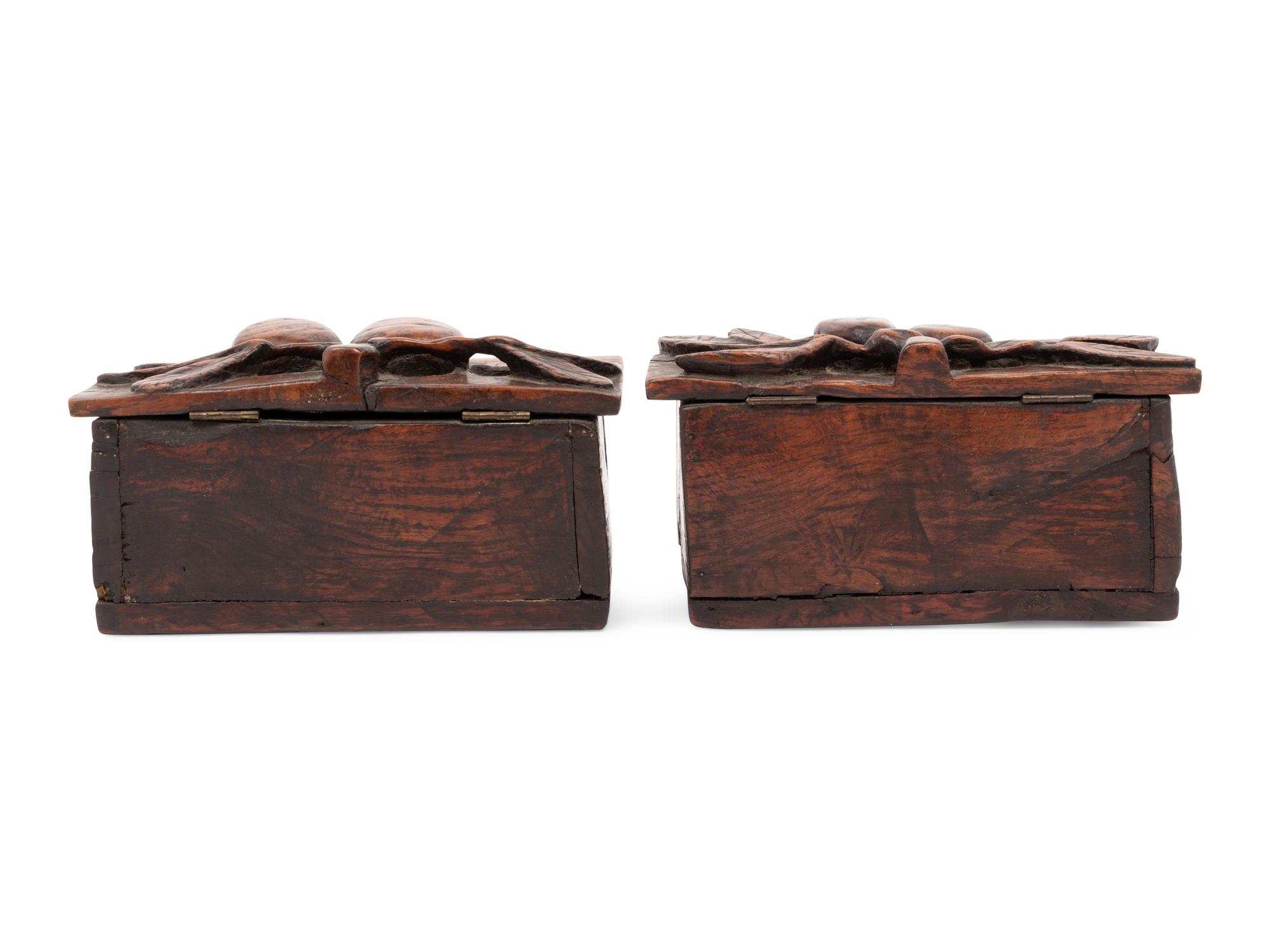 A Pair of English Carved Oak or Elm Candle Boxes