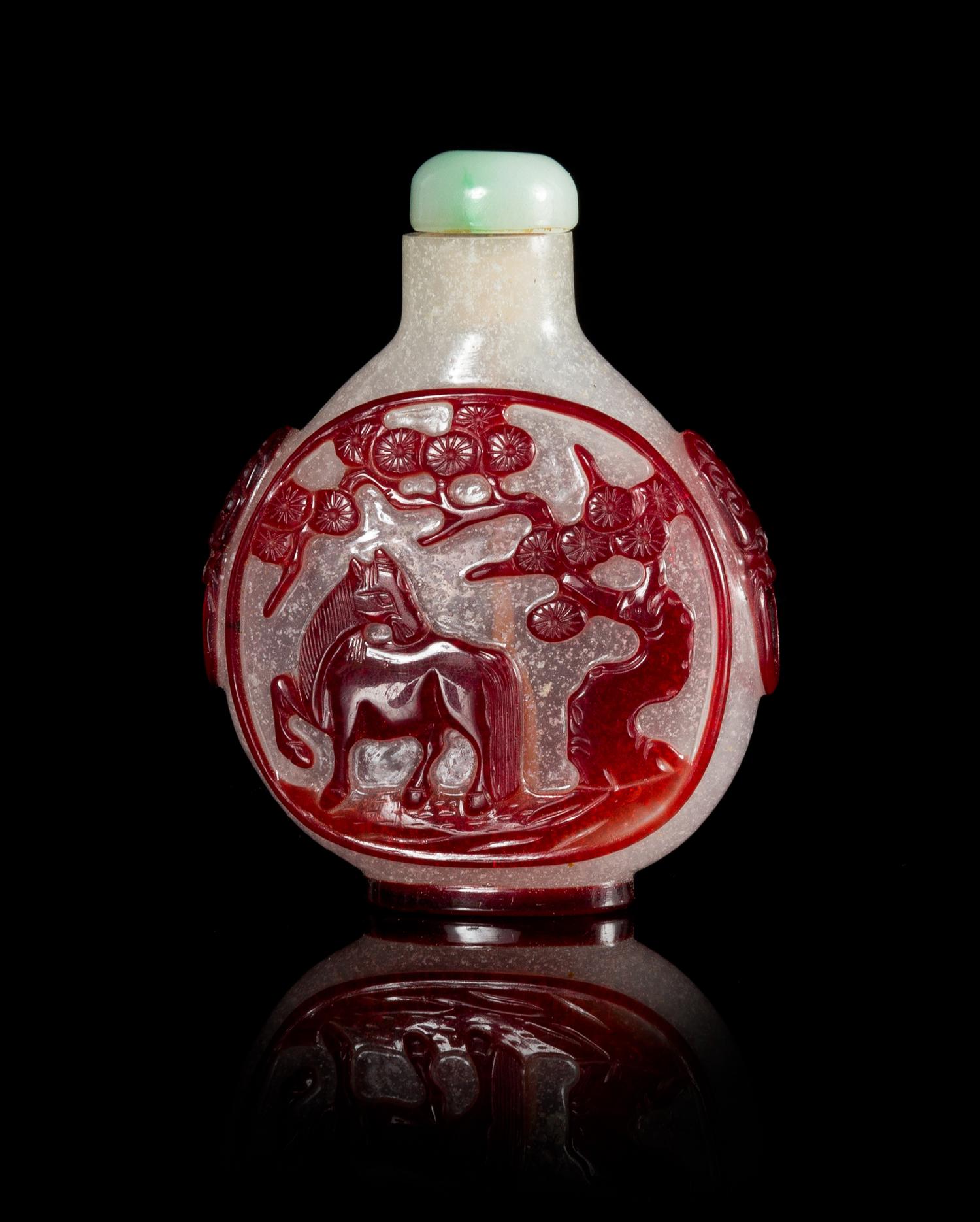 A Red Overlay Peking Glass Snuff Bottle Height 3 inches.