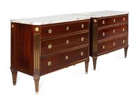 A Pair of Swedish Neoclassical Gilt Metal Mounted Mahogany Marble-Top Commodes