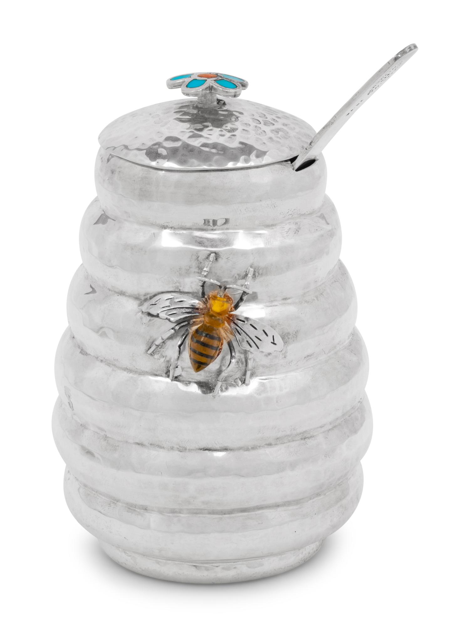 A Mexican Silver, Enamel and Glass Mounted Honey Pot and Dipper