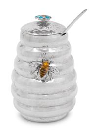 A Mexican Silver, Enamel and Glass Mounted Honey Pot and Dipper