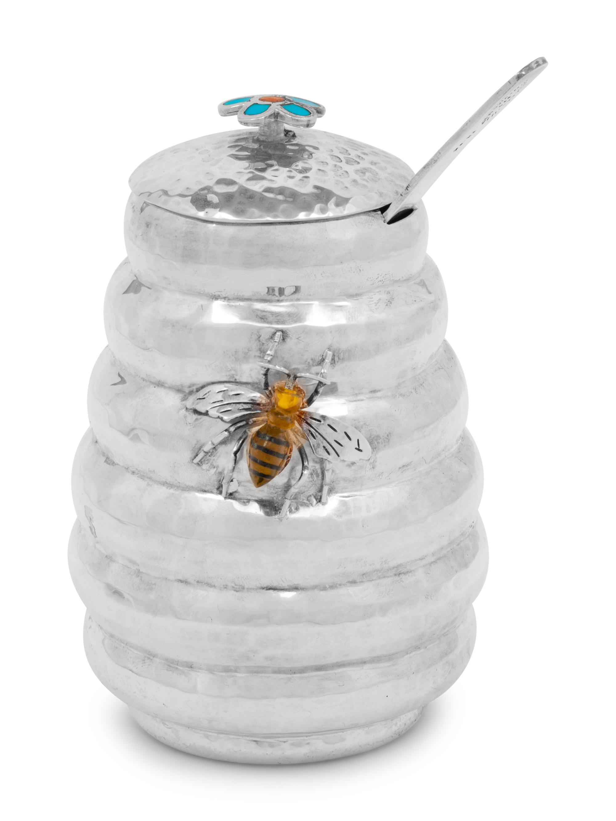 A Mexican Silver, Enamel and Glass Mounted Honey Pot and Dipper