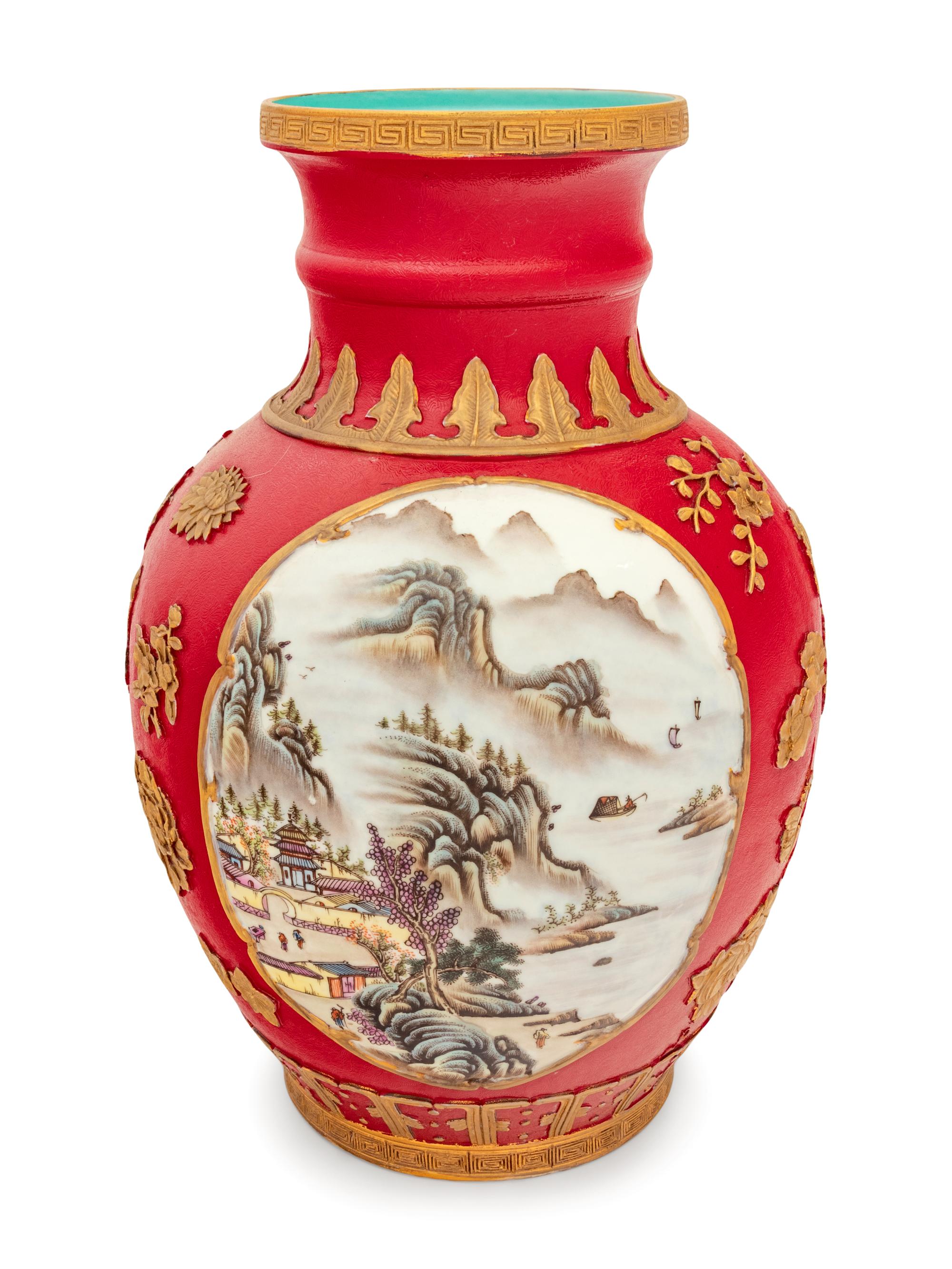 A Chinese Export Parcel-Gilt and Enameled Porcelain Vase