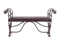 A Continental Metal and Leather Upholstered Bench