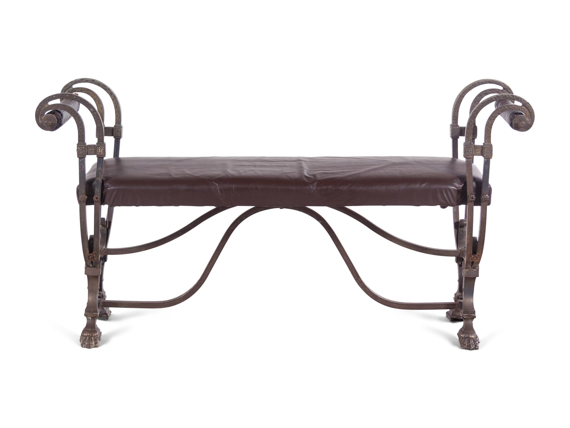 A Continental Metal and Leather Upholstered Bench