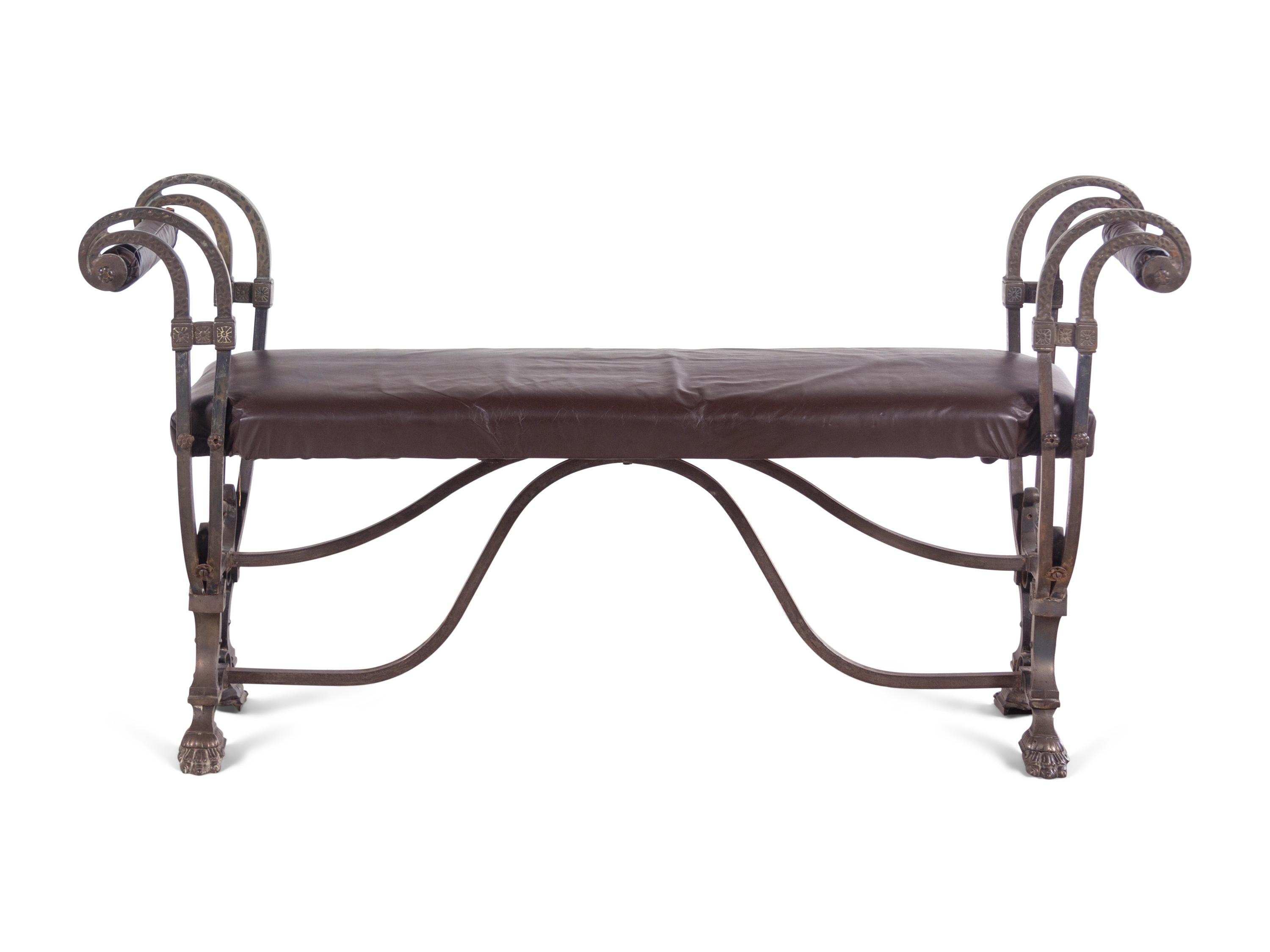 A Continental Metal and Leather Upholstered Bench