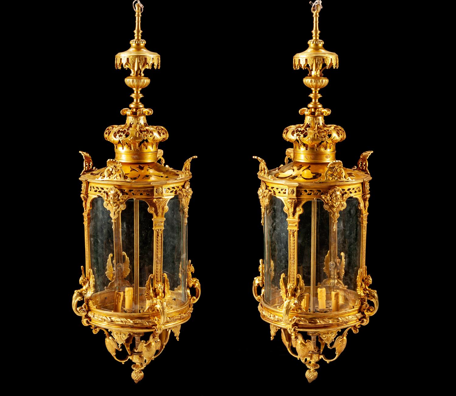 A Pair of Régence Style Gilt Bronze and Glass Lanterns
