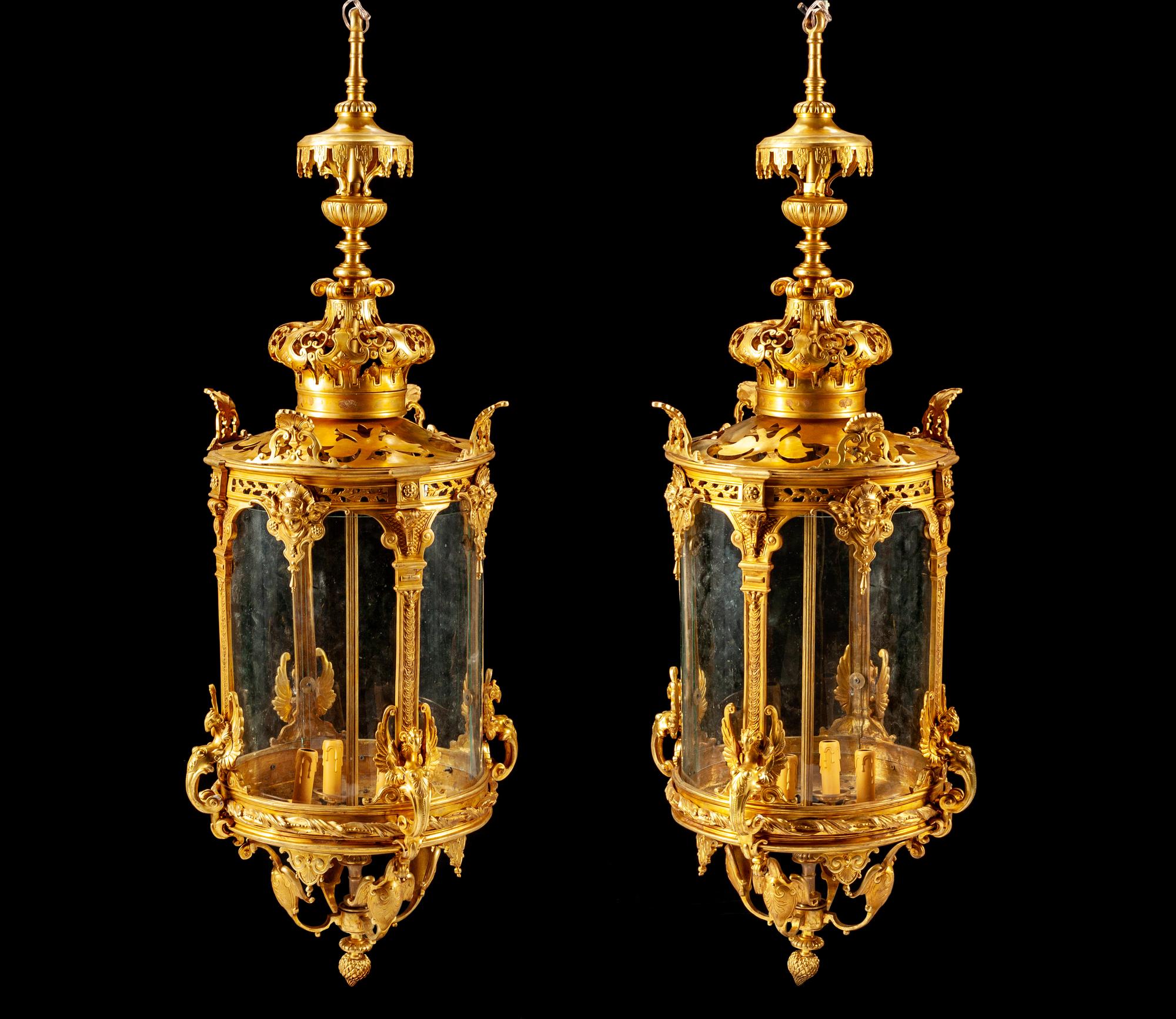 A Pair of Régence Style Gilt Bronze and Glass Lanterns
