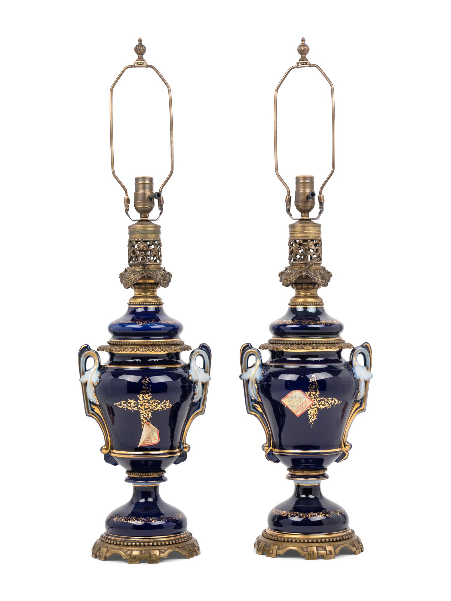 A Pair of French Porcelain Oil Lamps Converted to Electricity