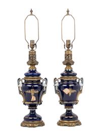 A Pair of French Porcelain Oil Lamps Converted to Electricity