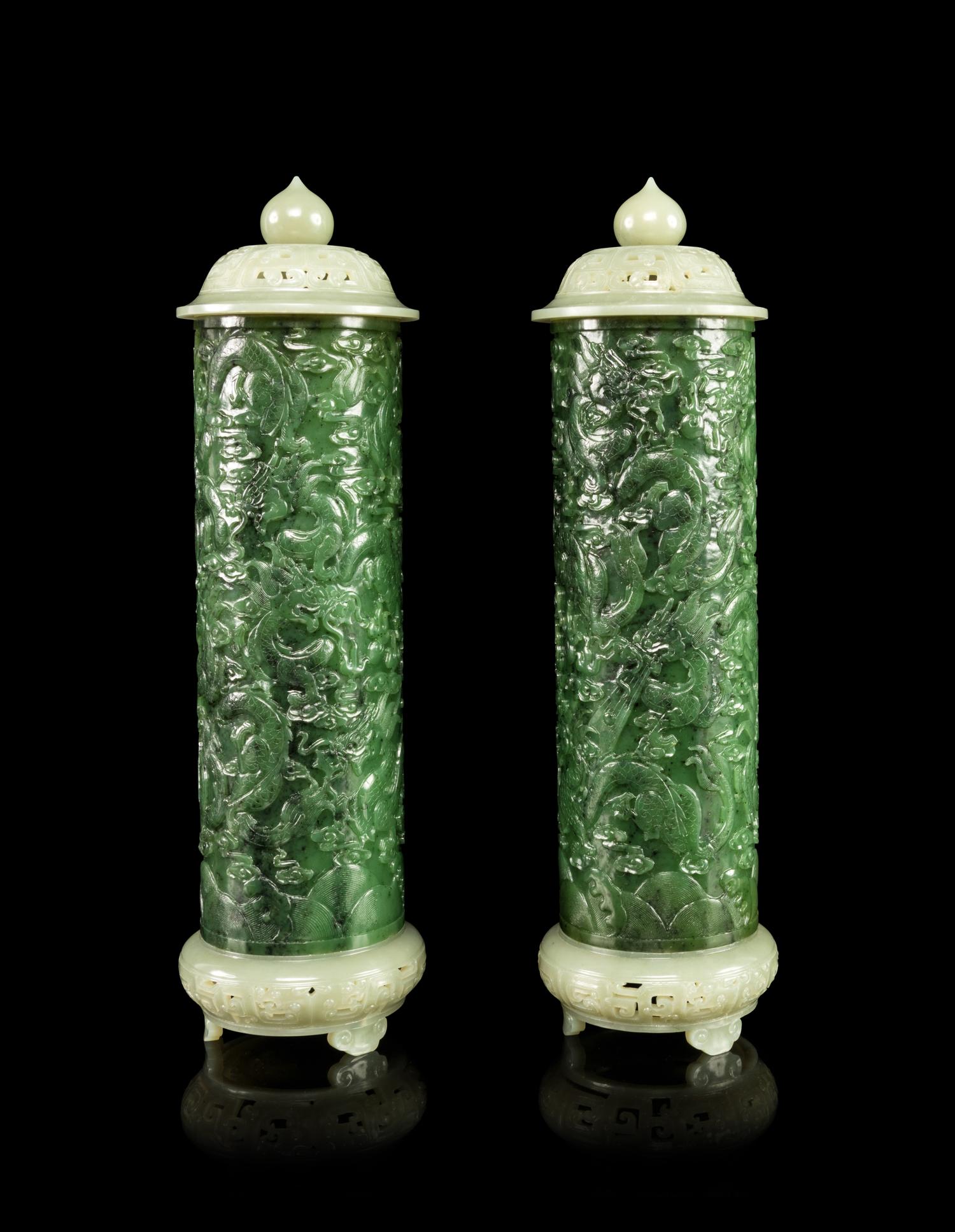 A Pair of Spinach Jade Parfumiers and Carved Celadon Jade Covers