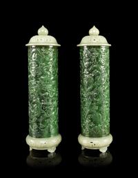 A Pair of Spinach Jade Parfumiers and Carved Celadon Jade Covers