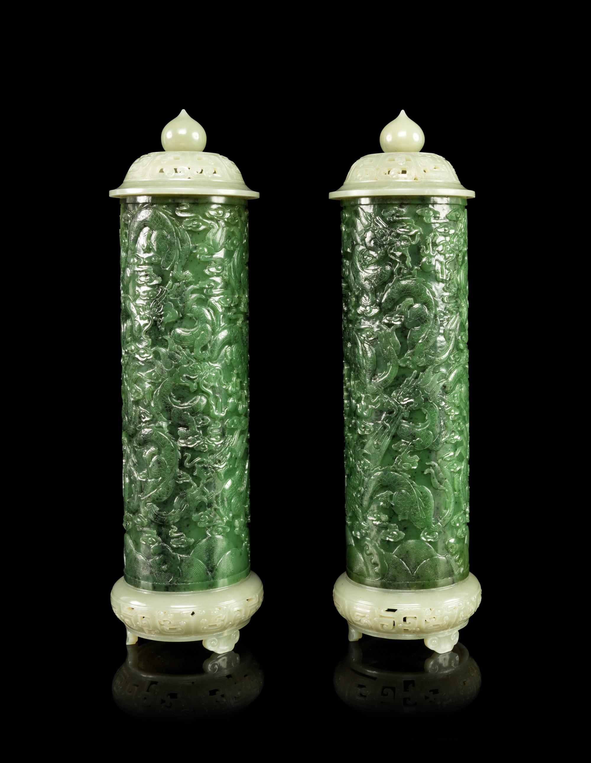 A Pair of Spinach Jade Parfumiers and Carved Celadon Jade Covers