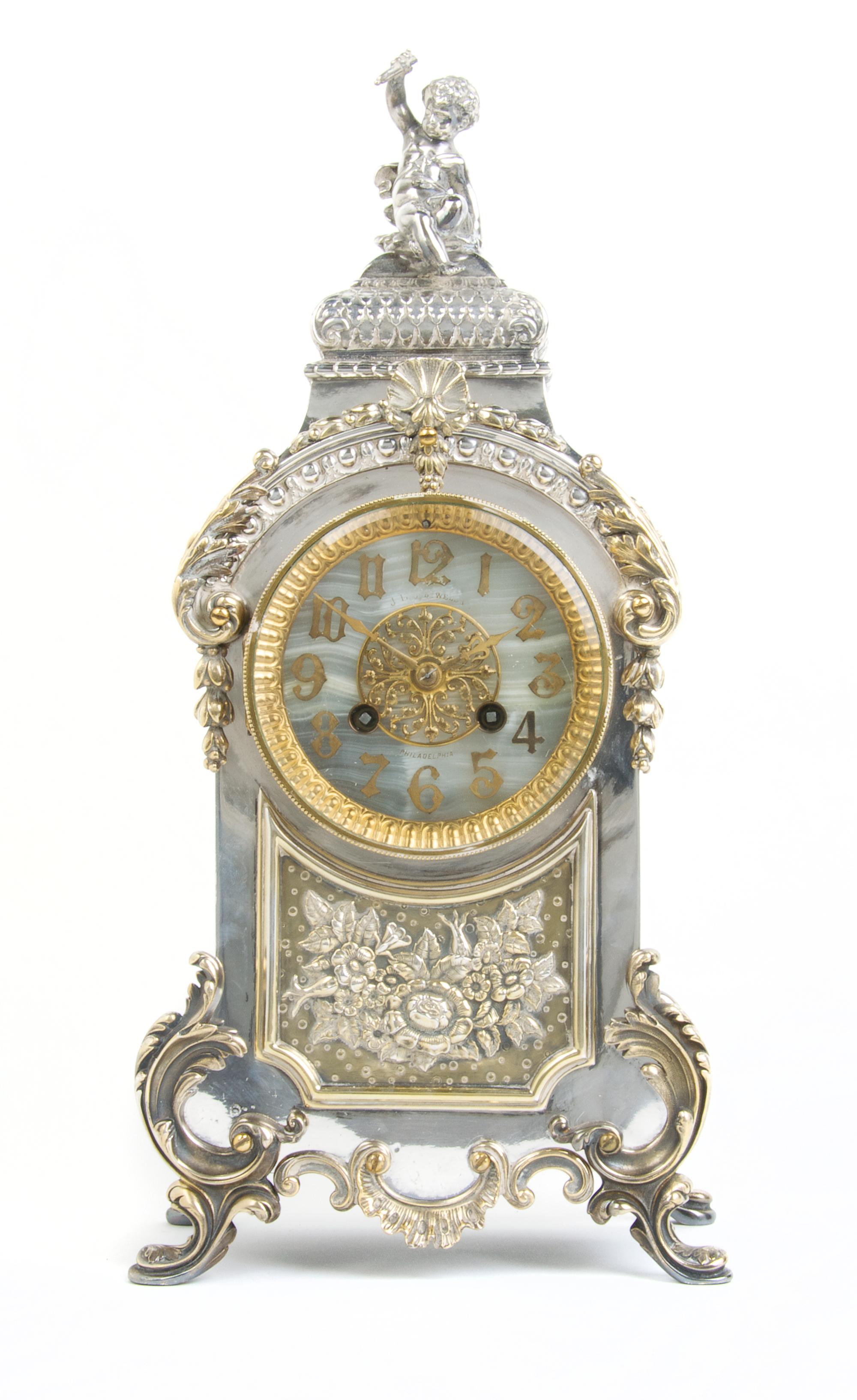 An American Silverplate Mantle Clock, Derby Silver Co., Derby, Connecticut, Height 16 1/2 inches.