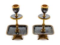 A Pair of French Gilt Bronze and Enamel Candlesticks, Height 6 1/2 inches.