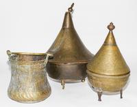 Three Middle Eastern Cast Metal Vessels Height of taller 19 inches. — 19TH AND EARLY 20TH CENTURY