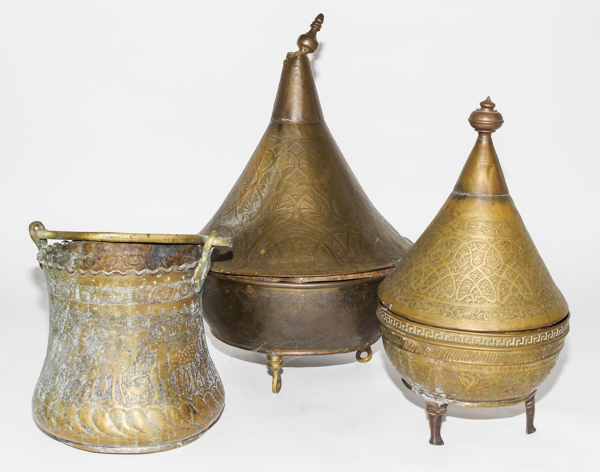 Three Middle Eastern Cast Metal Vessels Height of taller 19 inches. — 19TH AND EARLY 20TH CENTURY