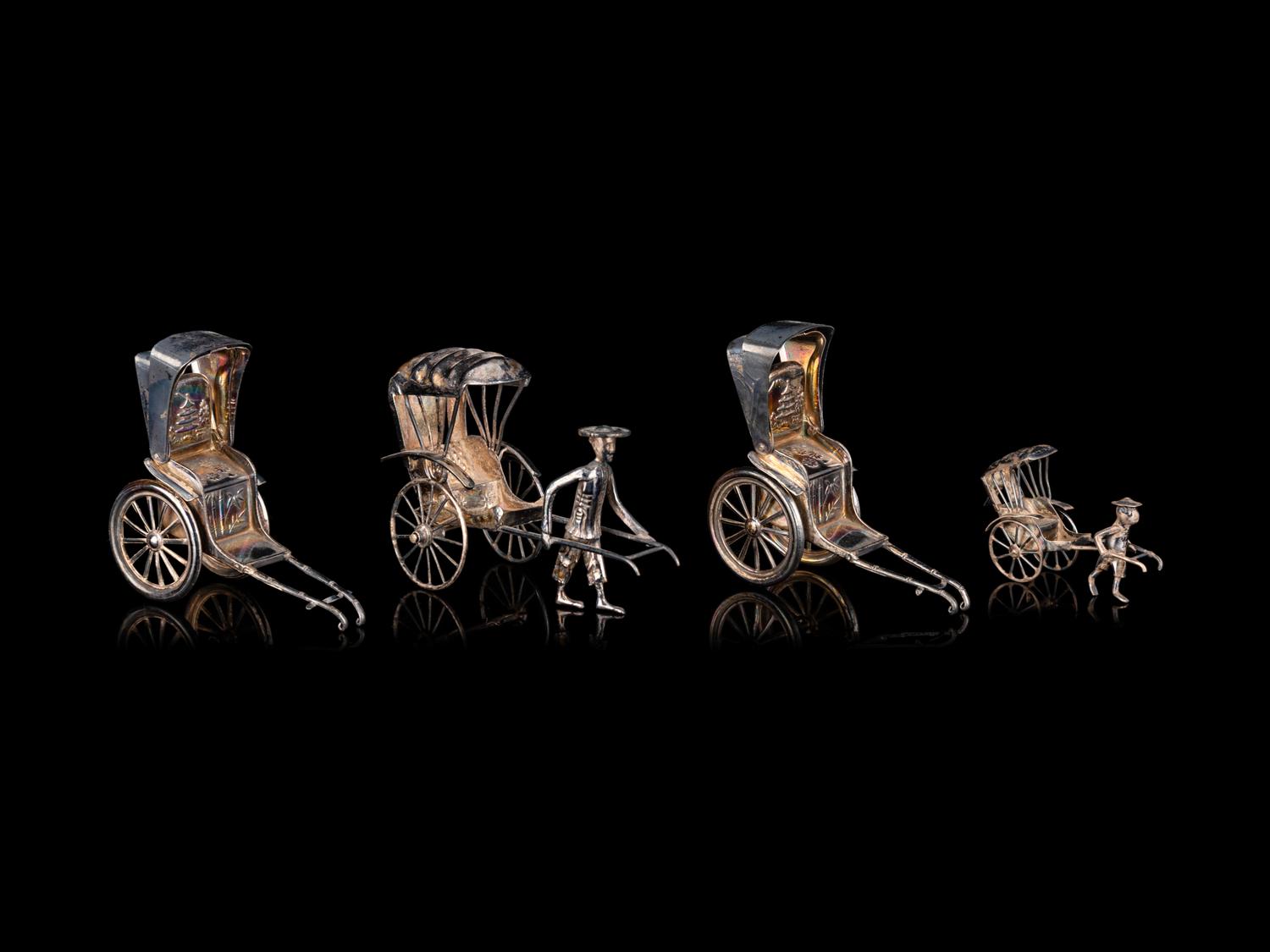 Four Chinese Miniature Silver Models of Rickshaws and A Set of Gilt Silver Hat Pins