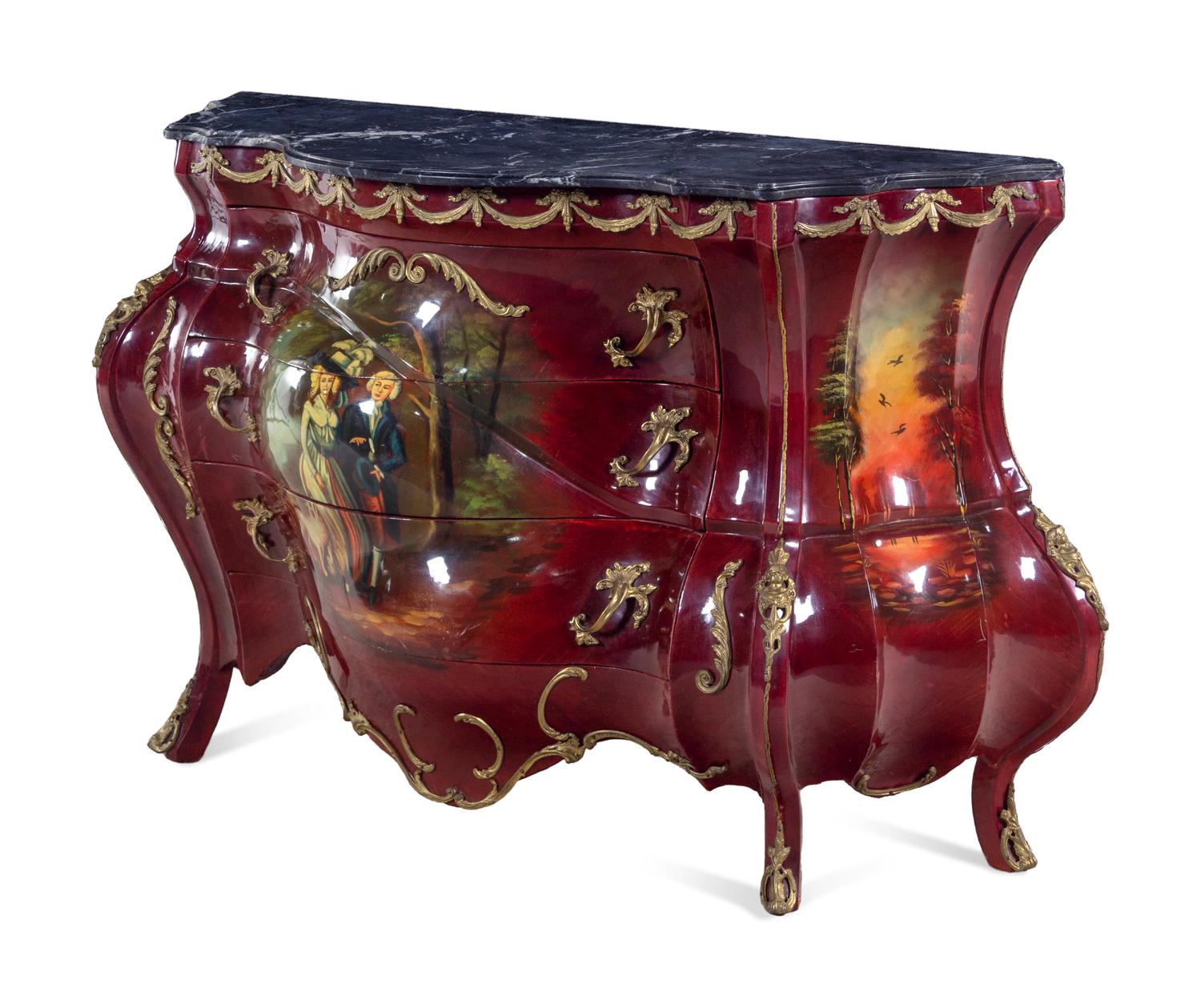 A Louis XV Style Gilt Metal and Vernis Martin Decorated Marble-Top Bombe Commode