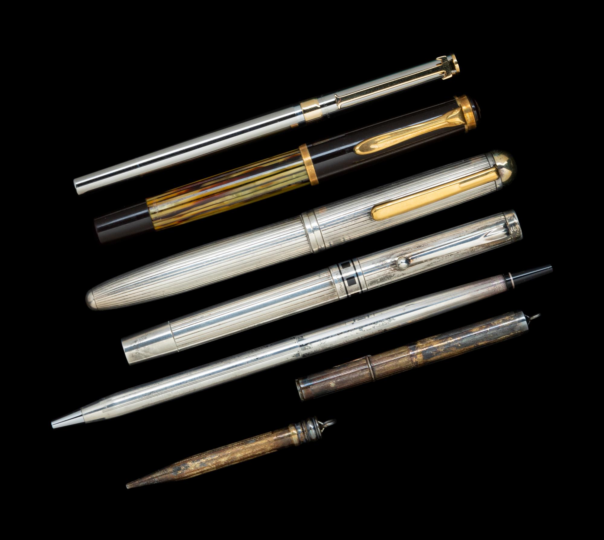 A Pelikan Fountain Pen, Tiffany and Co. Rollerball Pen and Five Silver-Bodied Writing Instruments