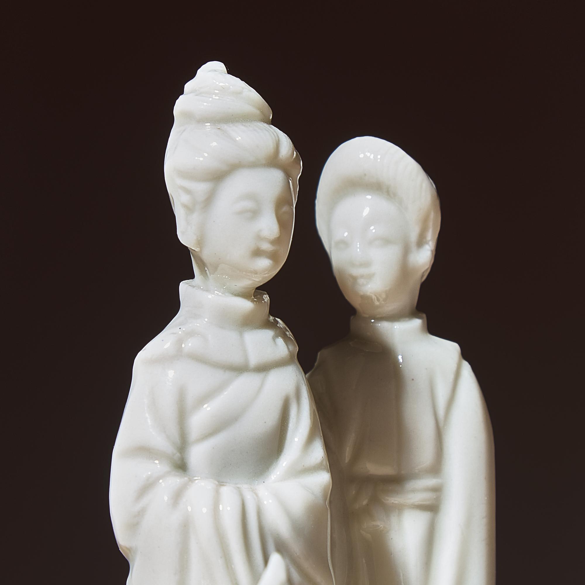 Three Chinese Blanc-de-Chine Porcelain Figural Group-Form Joss-Stick Holders, 17th Century — 清早期 德化白瓷塑人像香插三件