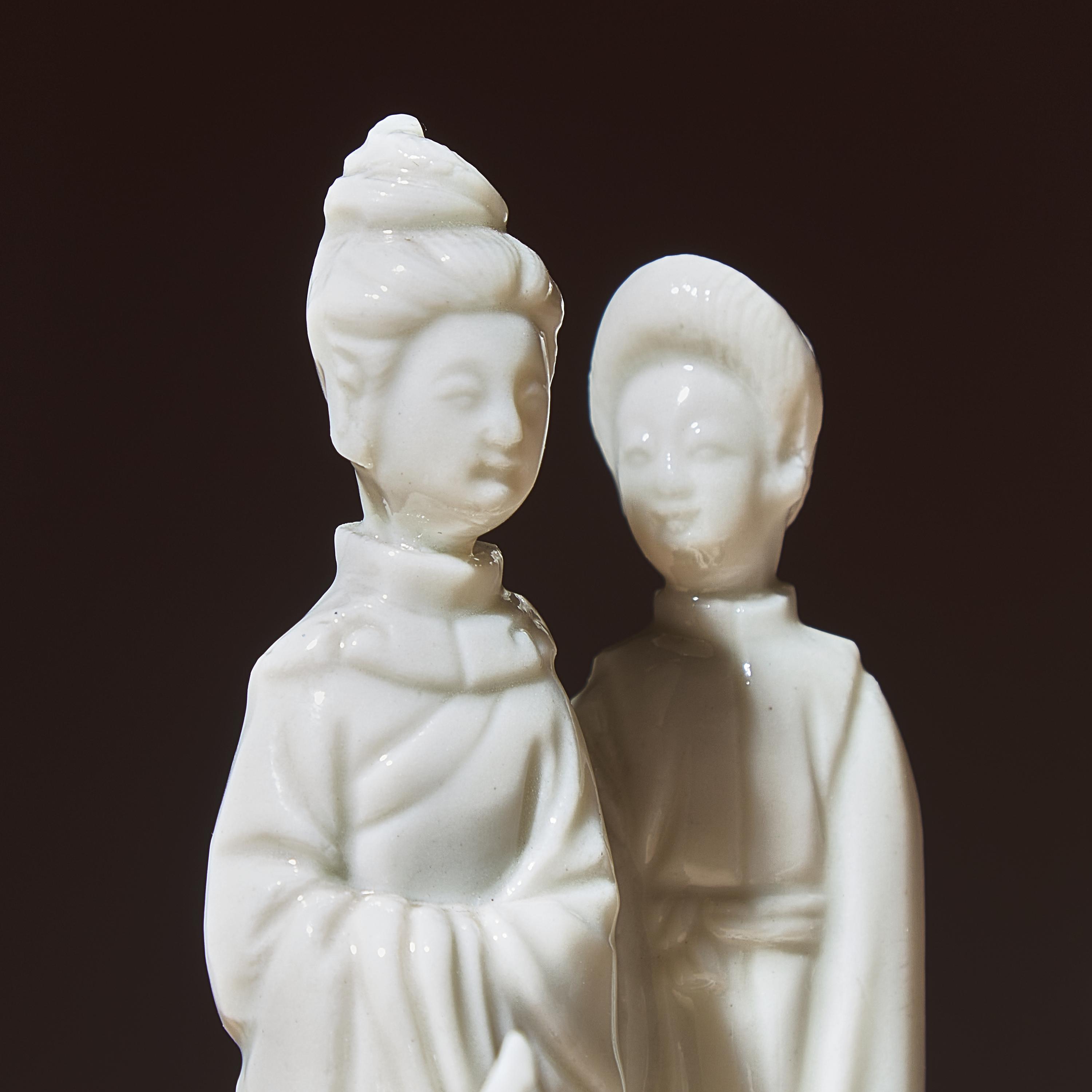 Three Chinese Blanc-de-Chine Porcelain Figural Group-Form Joss-Stick Holders, 17th Century — 清早期 德化白瓷塑人像香插三件