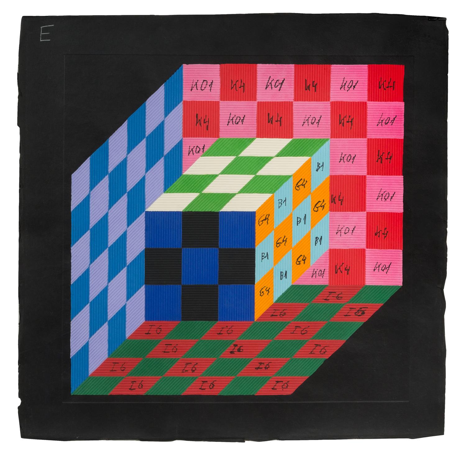 Victor Vasarely, (French/Hungarian, 1908-1997), Untitled together with two color paper templates and a black and white mylar template