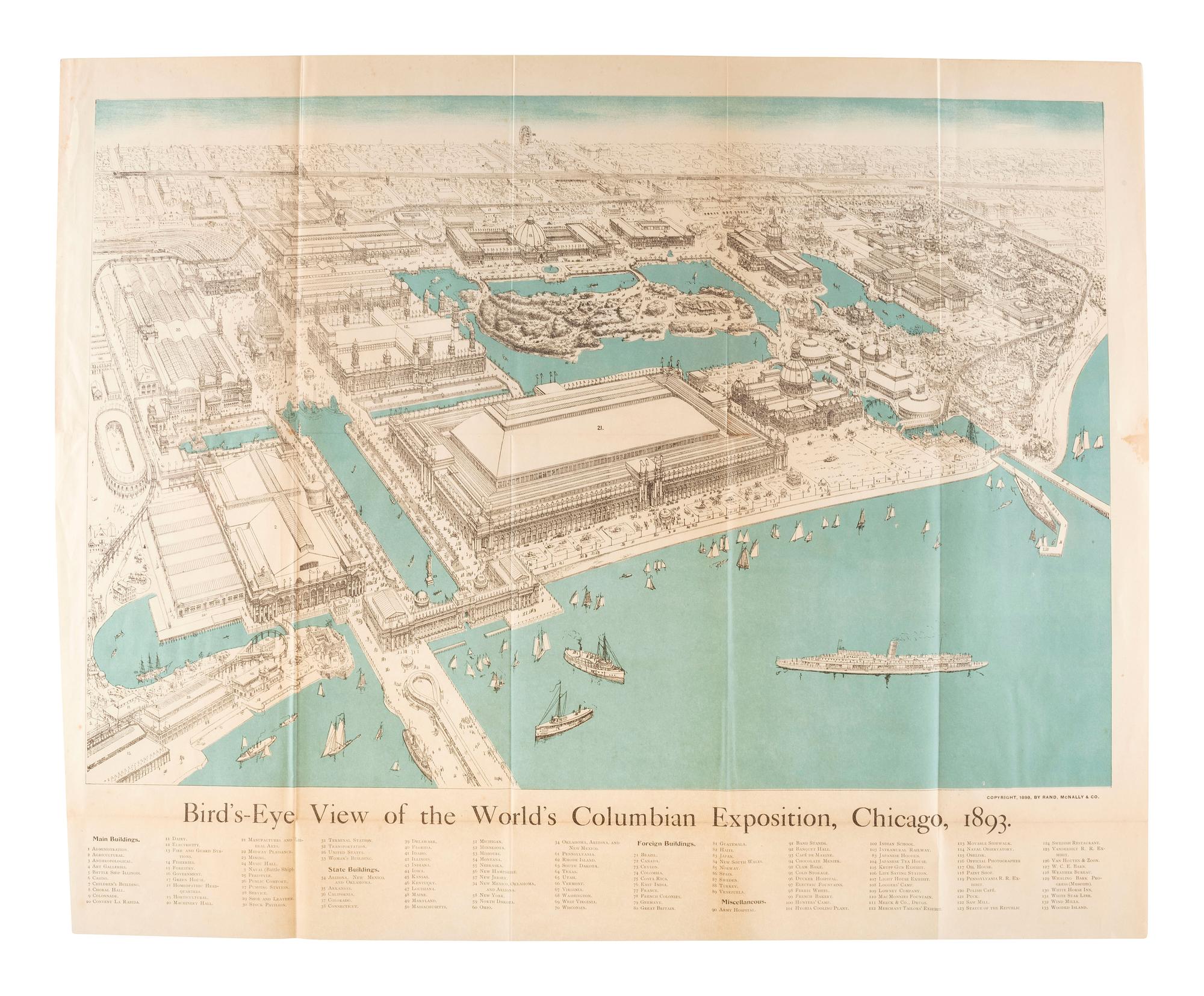[WORLD'S FAIR]. Ephemera related to the World's Columbian Exposition highlighted by a Bird's-Eye View of the World's Columbian Exposition, Chicago, 1893 , featuring the world's first Ferris Wheel.