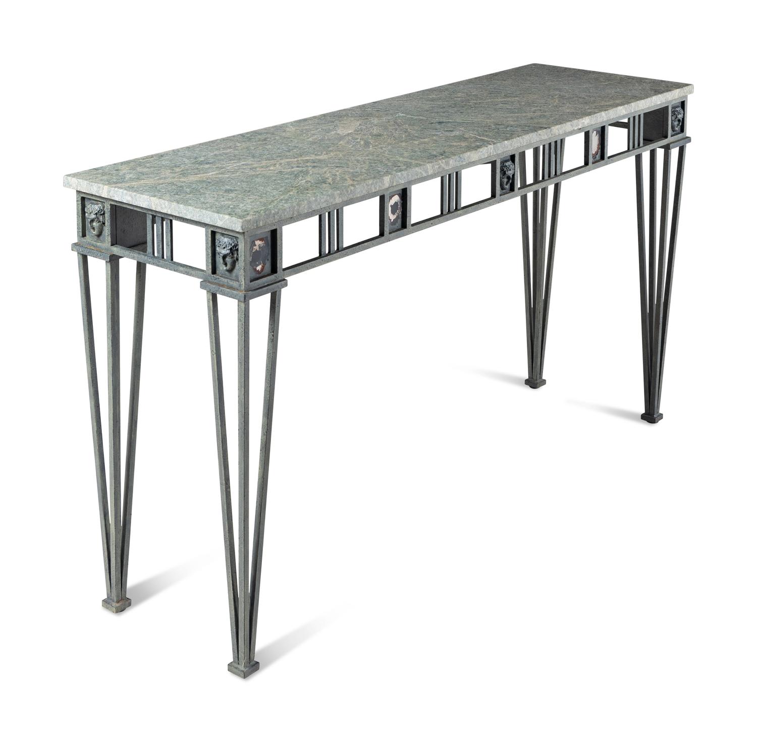 A Contemporary Patinated Metal and Marble-Top Console Table