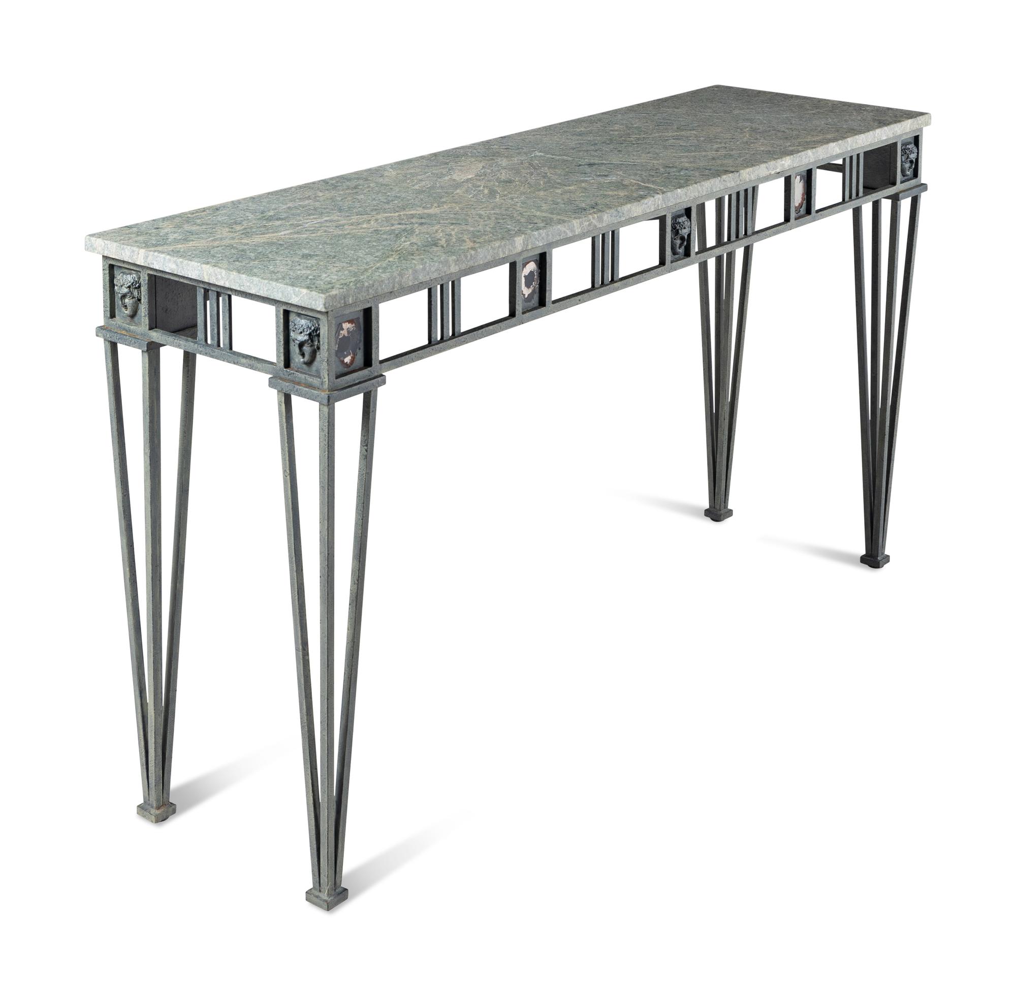 A Contemporary Patinated Metal and Marble-Top Console Table