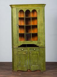 A Federal Green-Painted Pine and Poplar Corner Cupboard