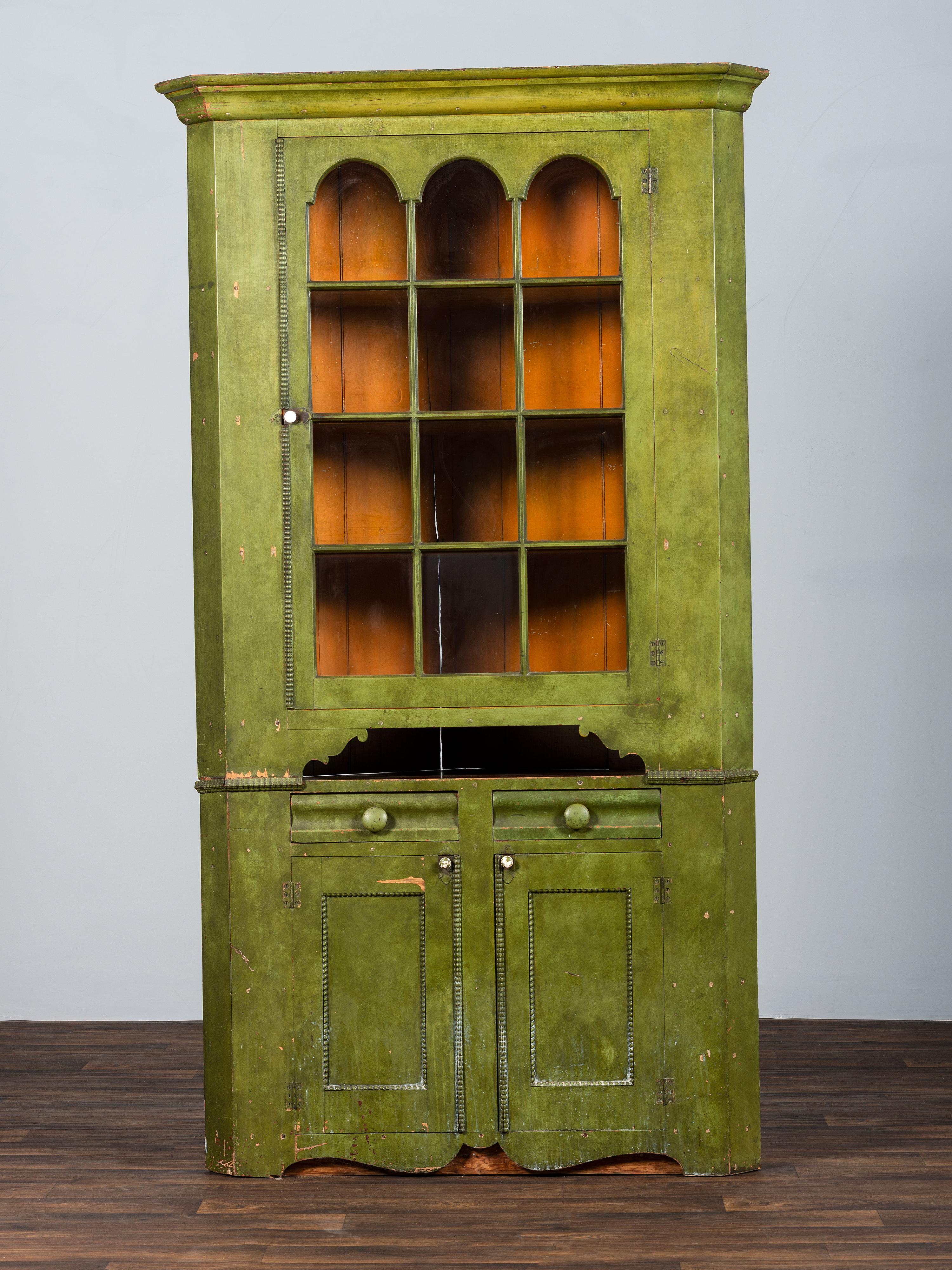 A Federal Green-Painted Pine and Poplar Corner Cupboard