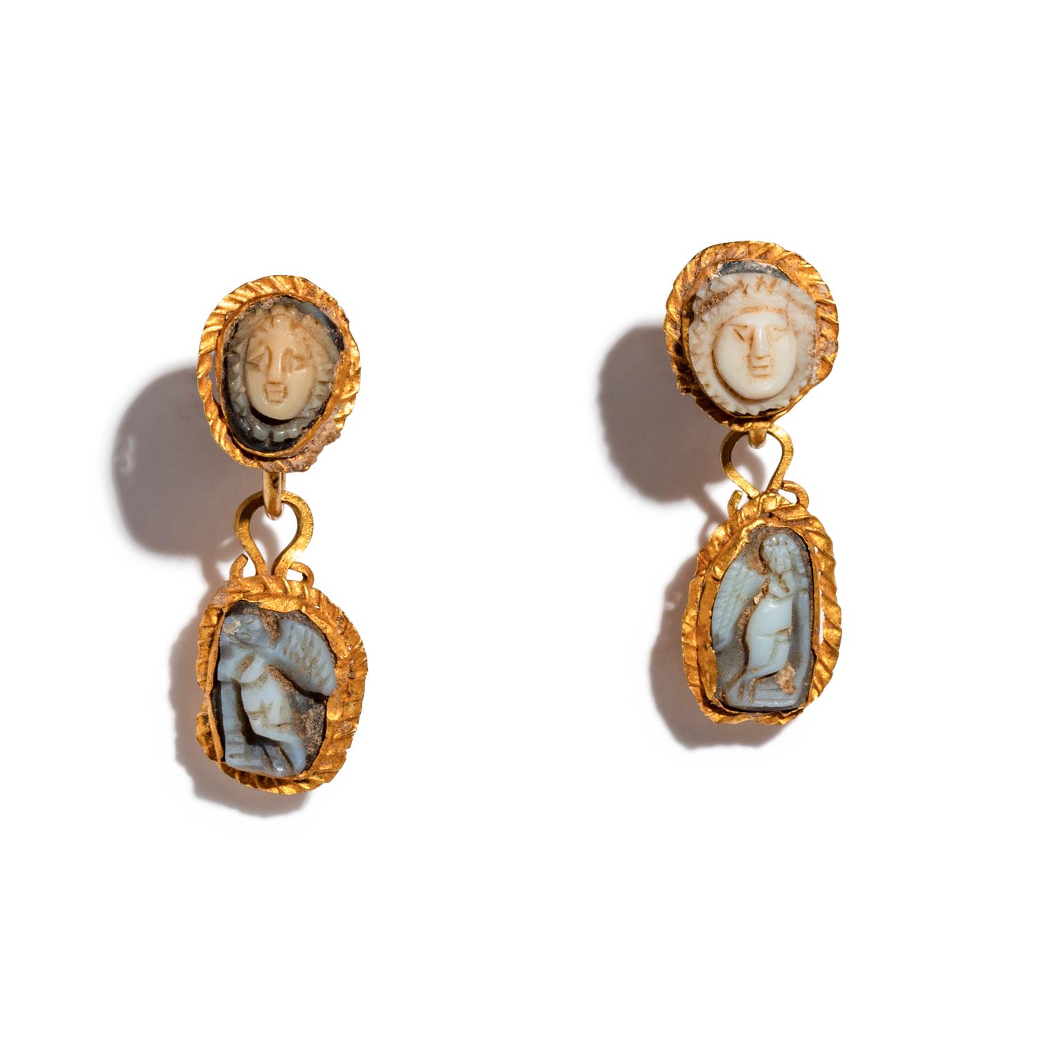 A Pair of Roman Gold and Onyx Cameo Earrings
