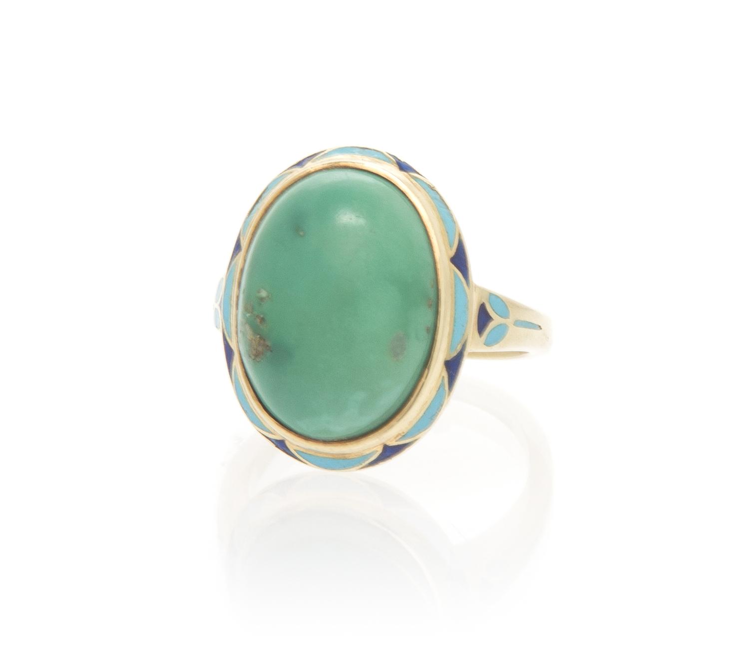 An Antique 14 Karat Yellow Gold, Turquoise and Polychrome Enamel Ring, 4.30 dwts.