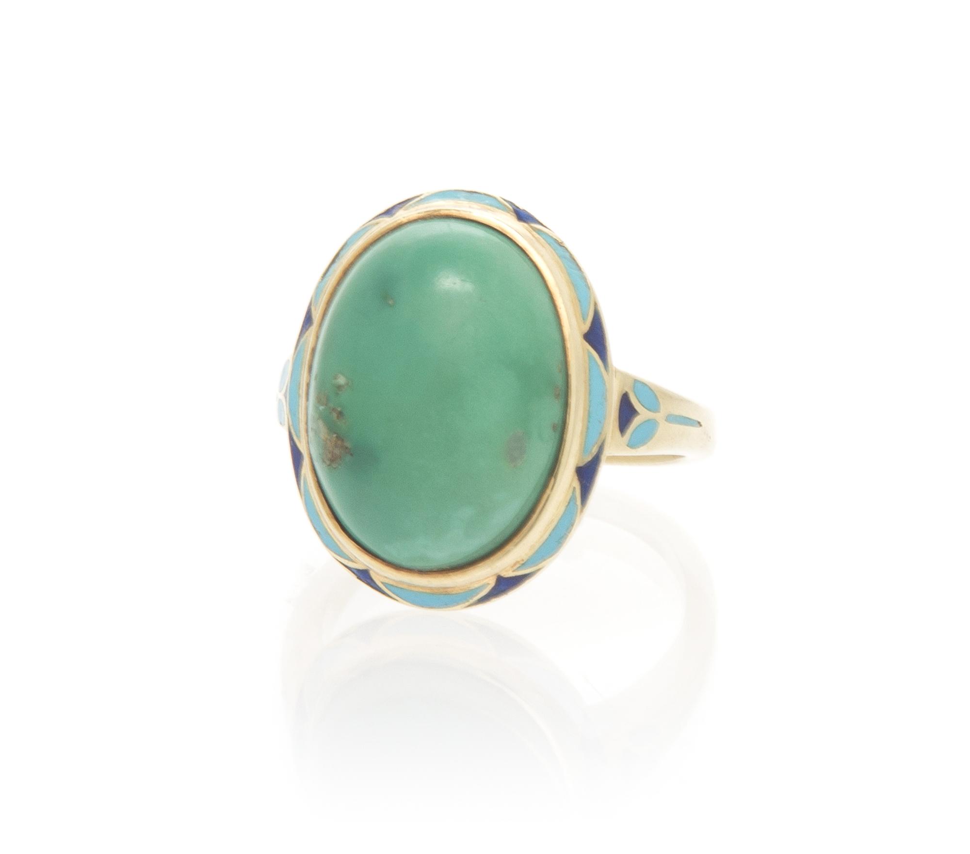 An Antique 14 Karat Yellow Gold, Turquoise and Polychrome Enamel Ring, 4.30 dwts.