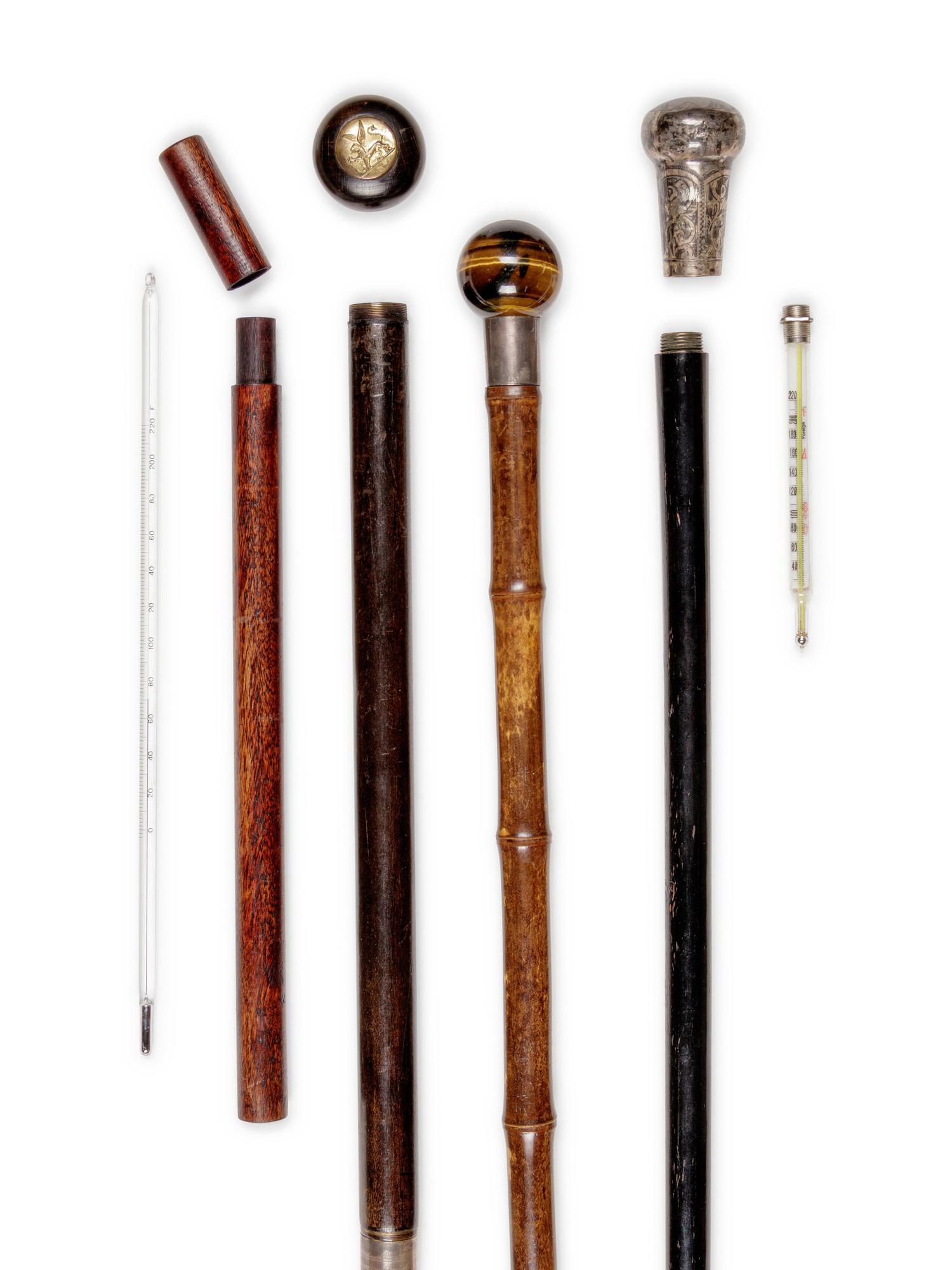Two English Silver-Mounted Thermometer System Walking Sticks