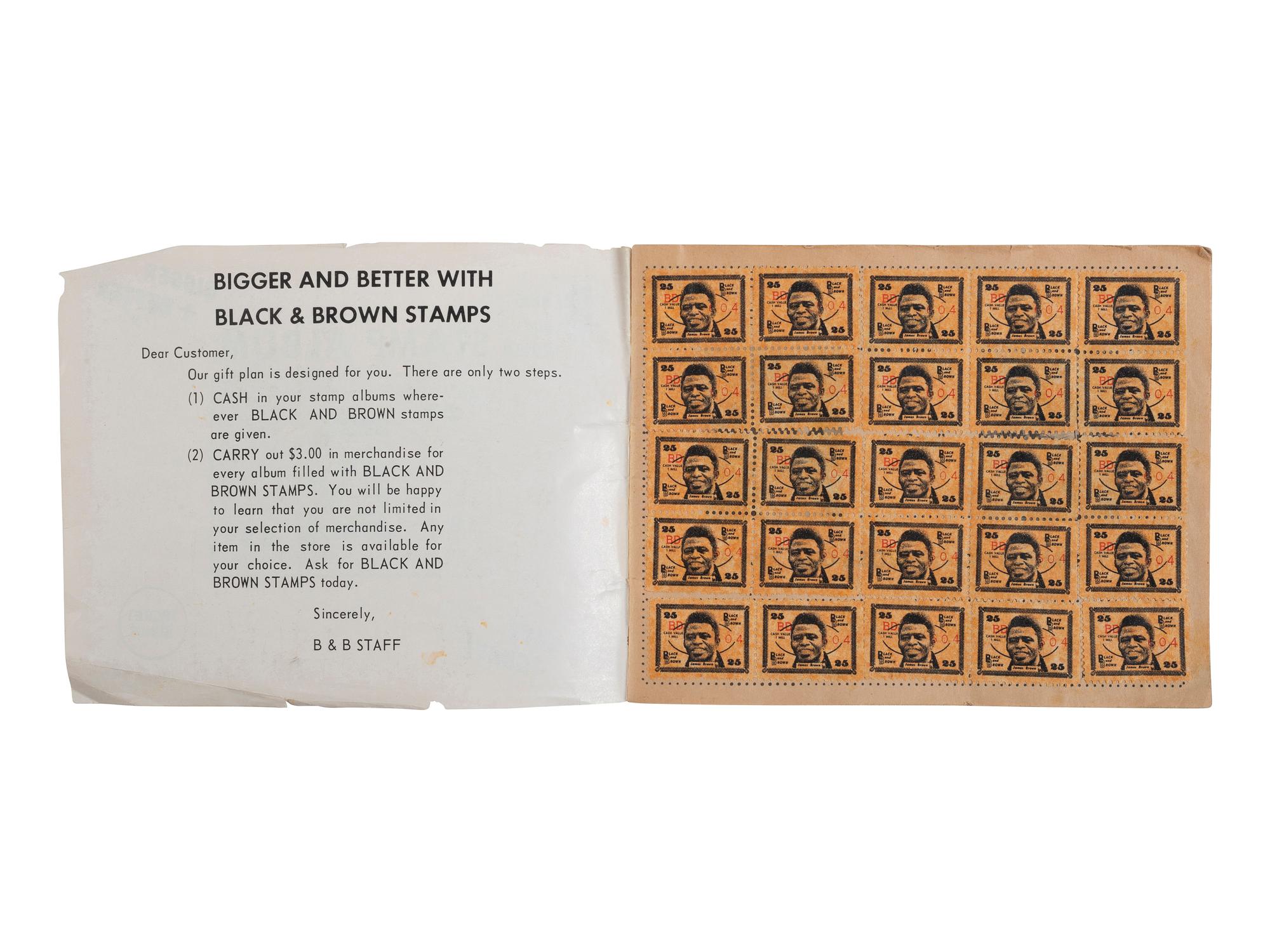 [BUSINESS - MUSIC]. Black and Brown Stamp Album . San Francisco, CA: Black & Brown Trading Stamp Corporation, [1969]. Promoting black-owned businesses.