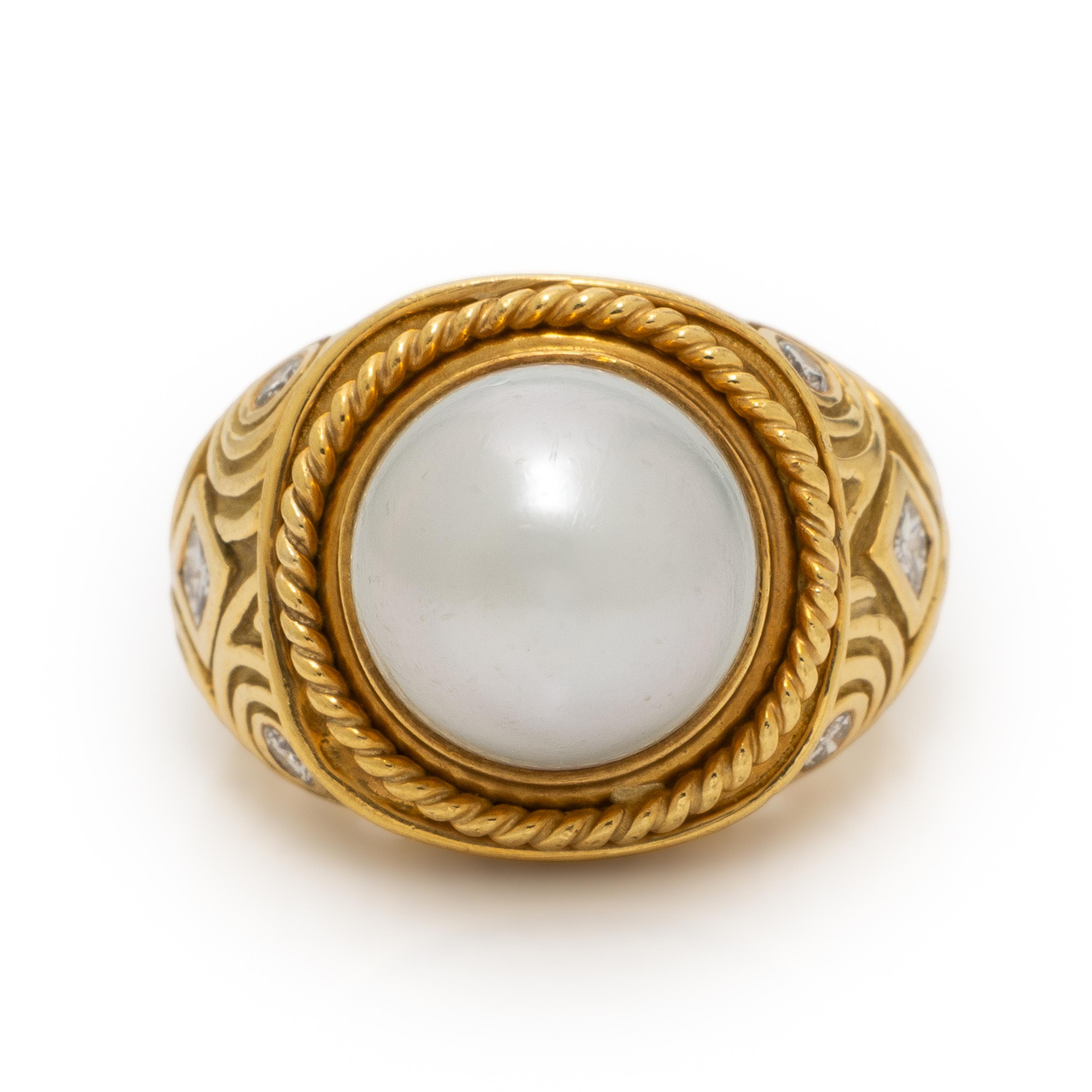 Cultured Pearl, Diamond, and Yellow Gold Ring