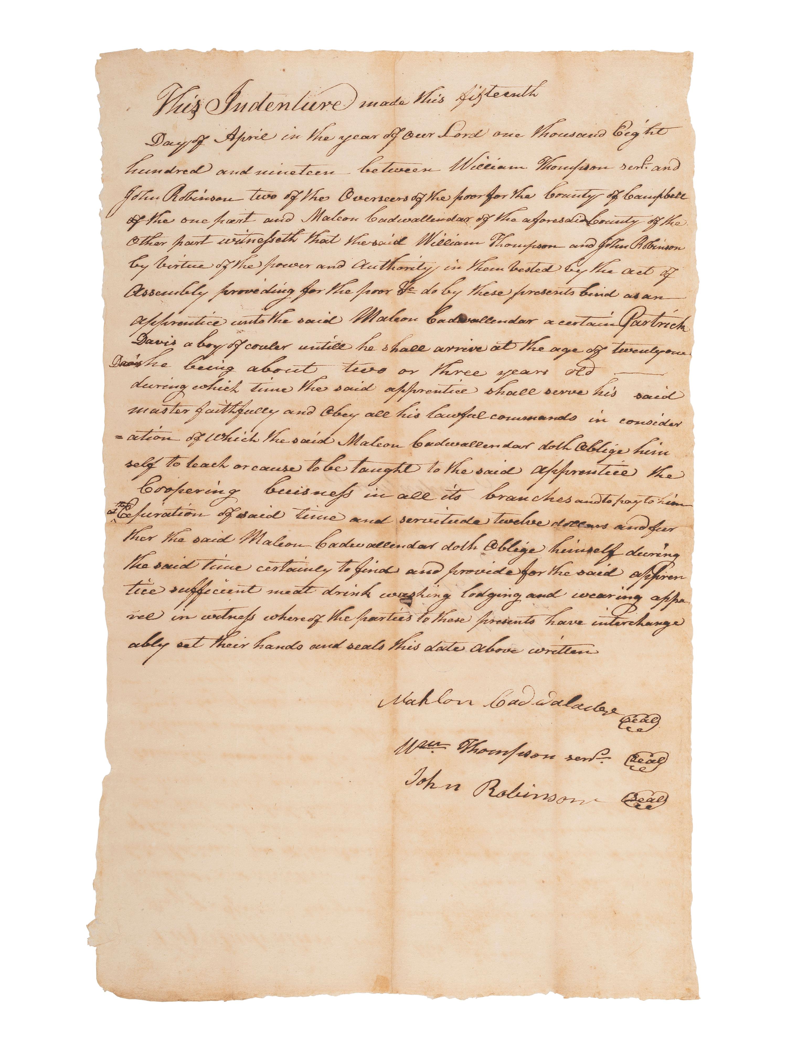 [ENSLAVEMENT]. Indenture related to an important VA Circuit Superior Court freedom suit, 1819.