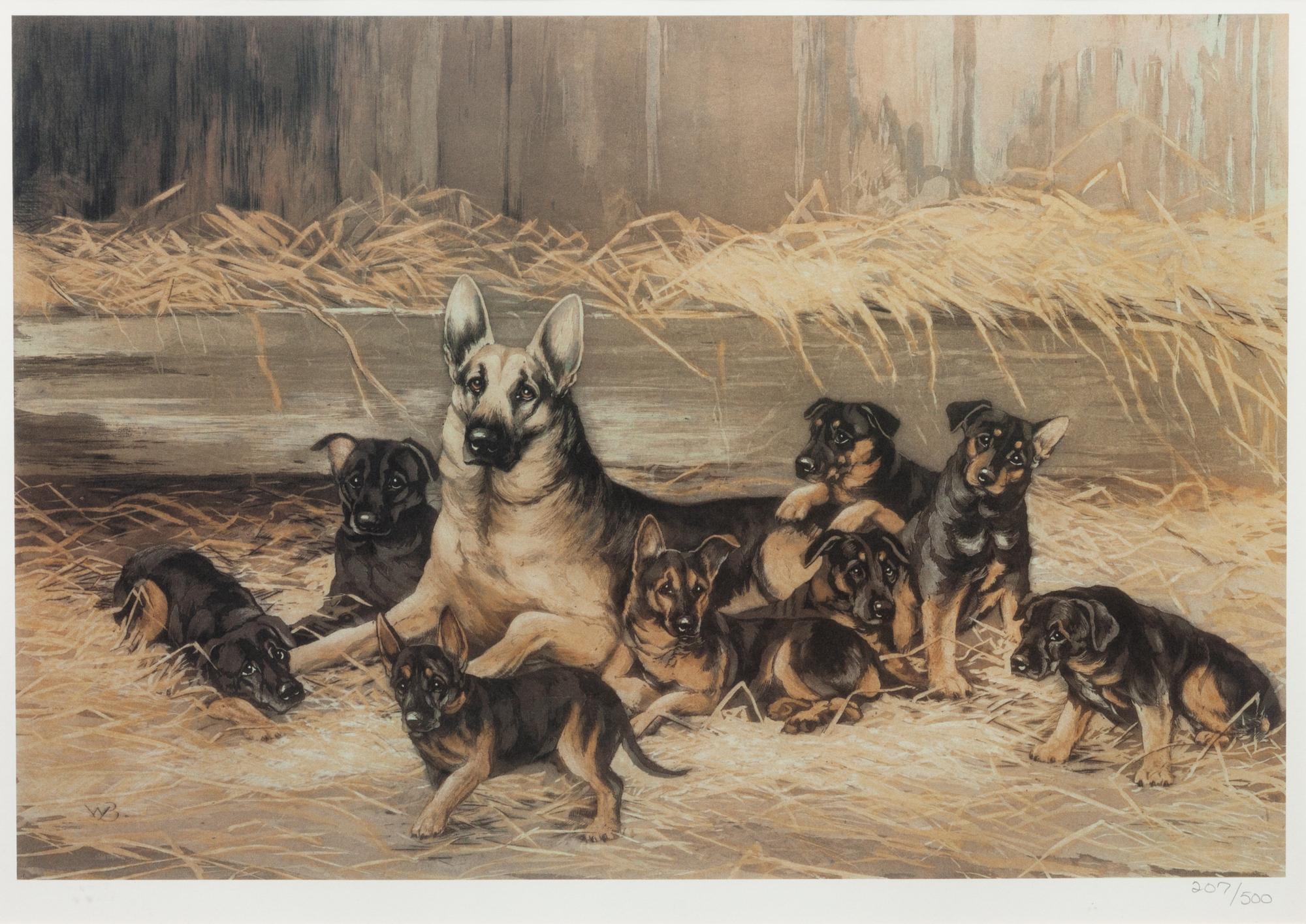 Four Works of Art depicting German Shepherds Largest: 12 1/4 x 14 1/2 inches.