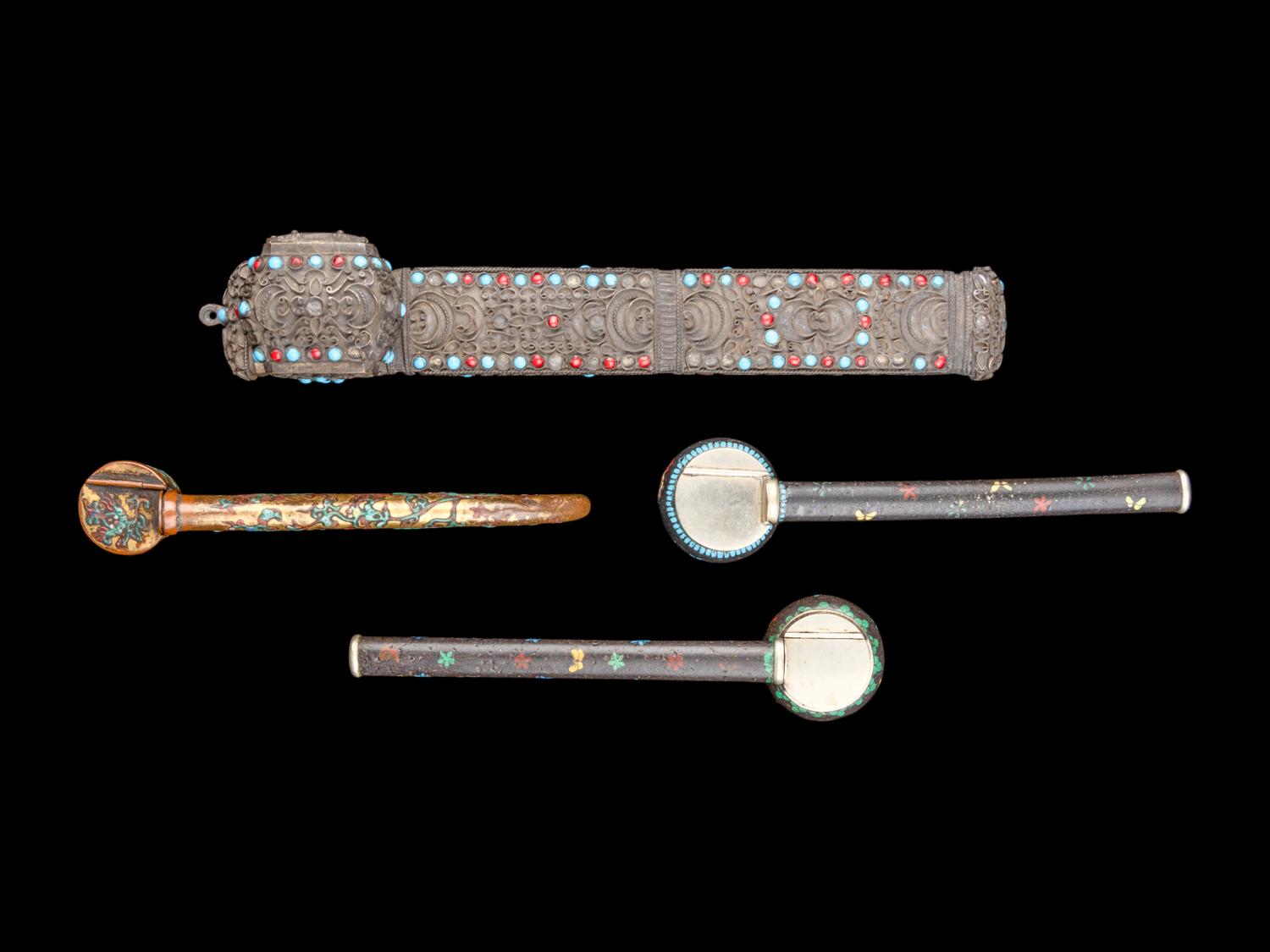Four Japanese Cloisonné and Hardstone Inset Portable Writing Sets, Yatate