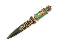 A Russian Spinach Jade and Jewel Mounted Silver Gilt and Guilloché Enameled Letter Opener