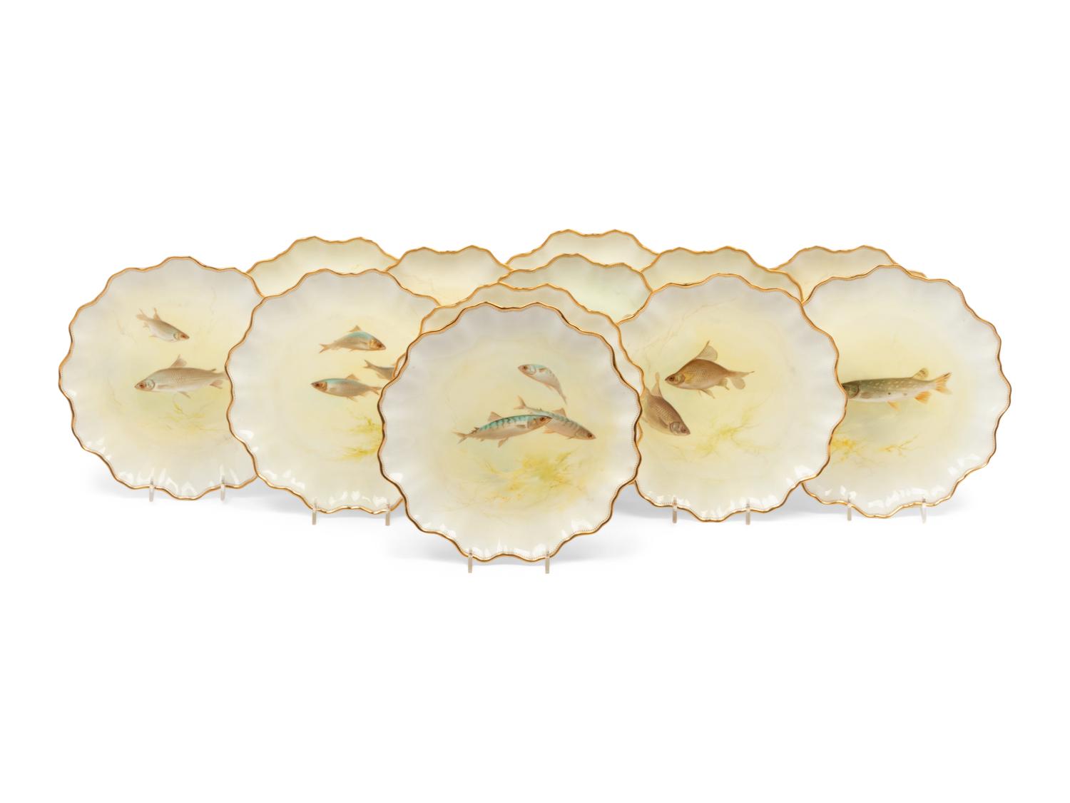 A Set of Twelve Royal Doulton Hand-Painted Porcelain Fish Plates