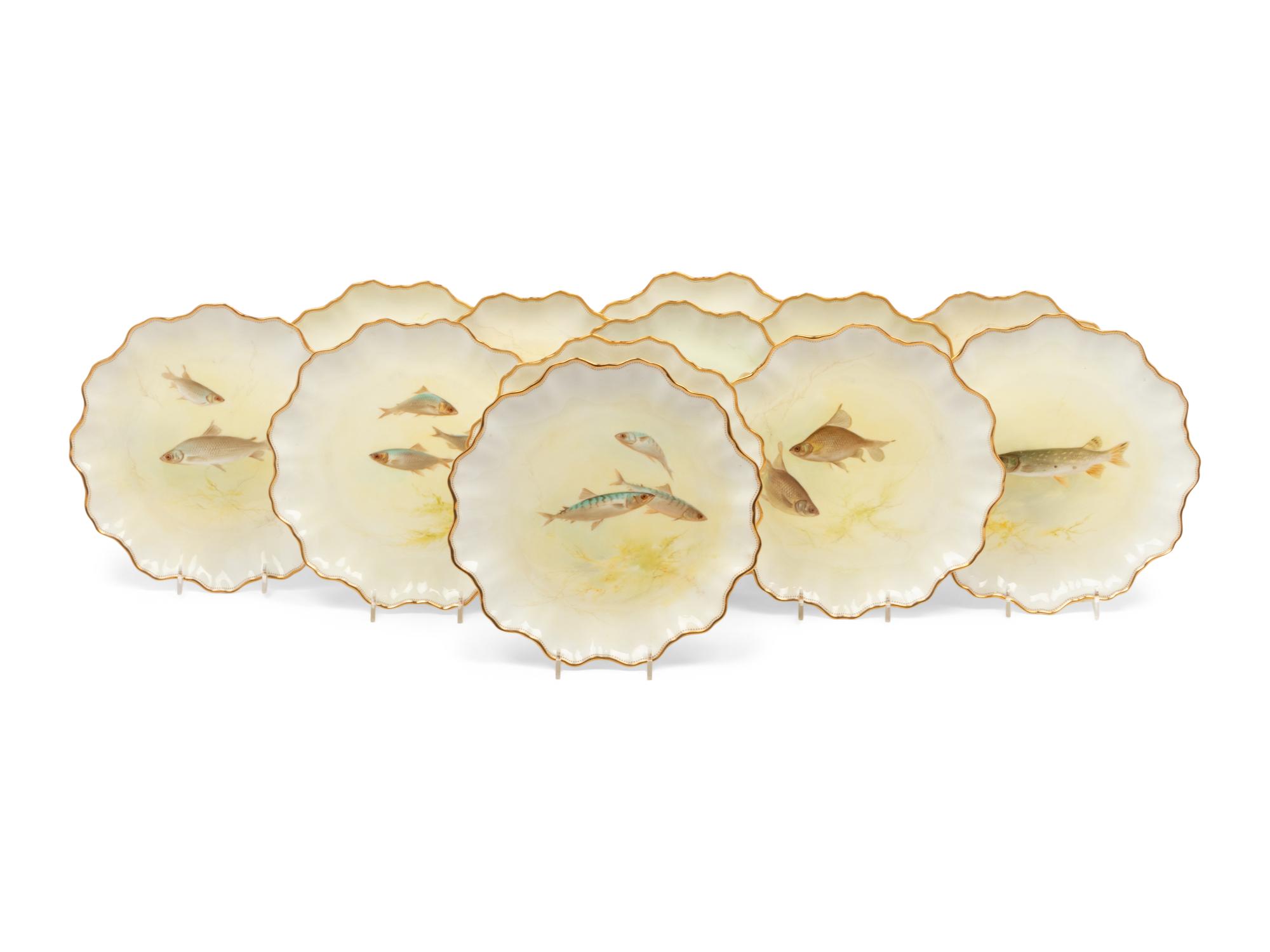 A Set of Twelve Royal Doulton Hand-Painted Porcelain Fish Plates