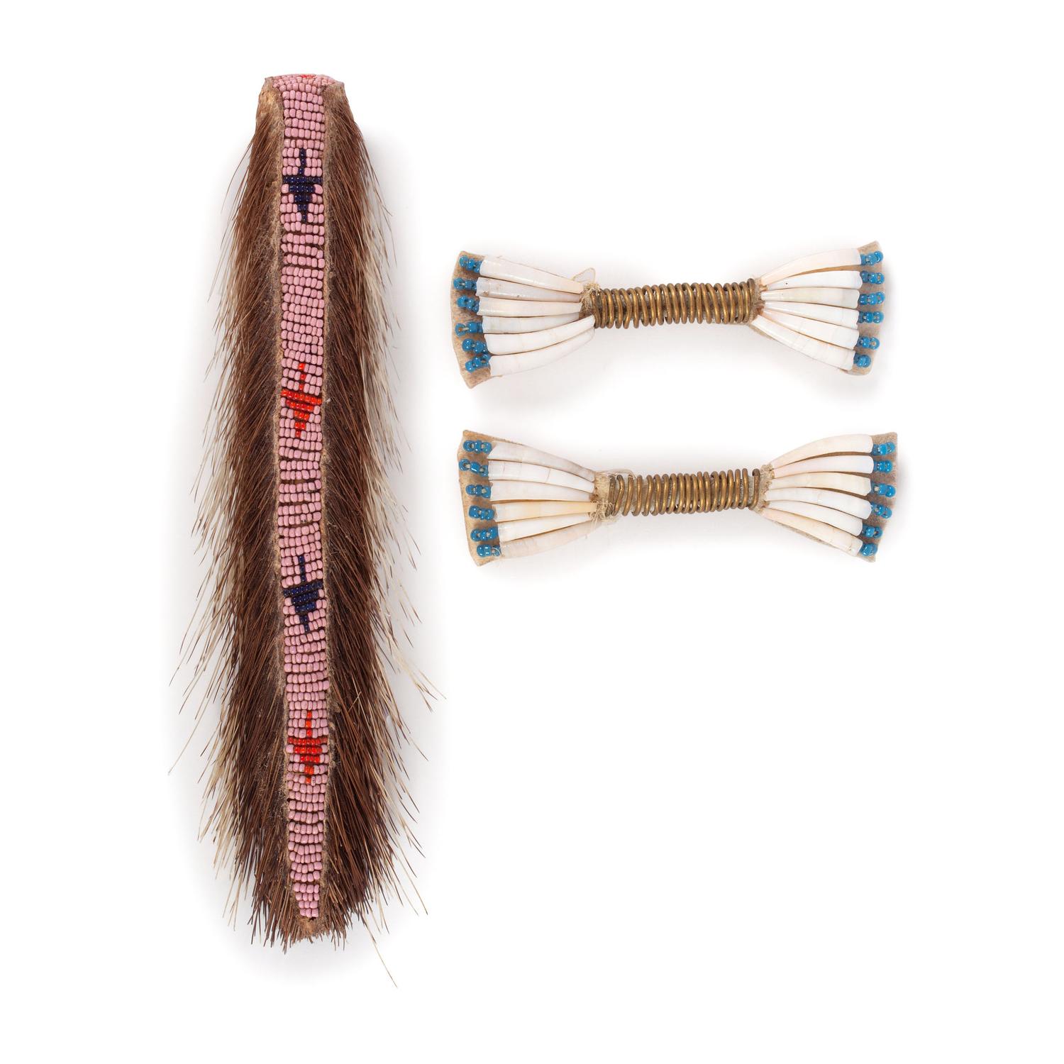 Plains Dentalia Shell and Brass Wire Hair Ornaments, PLUS Beaded Porcupine Hair Brush