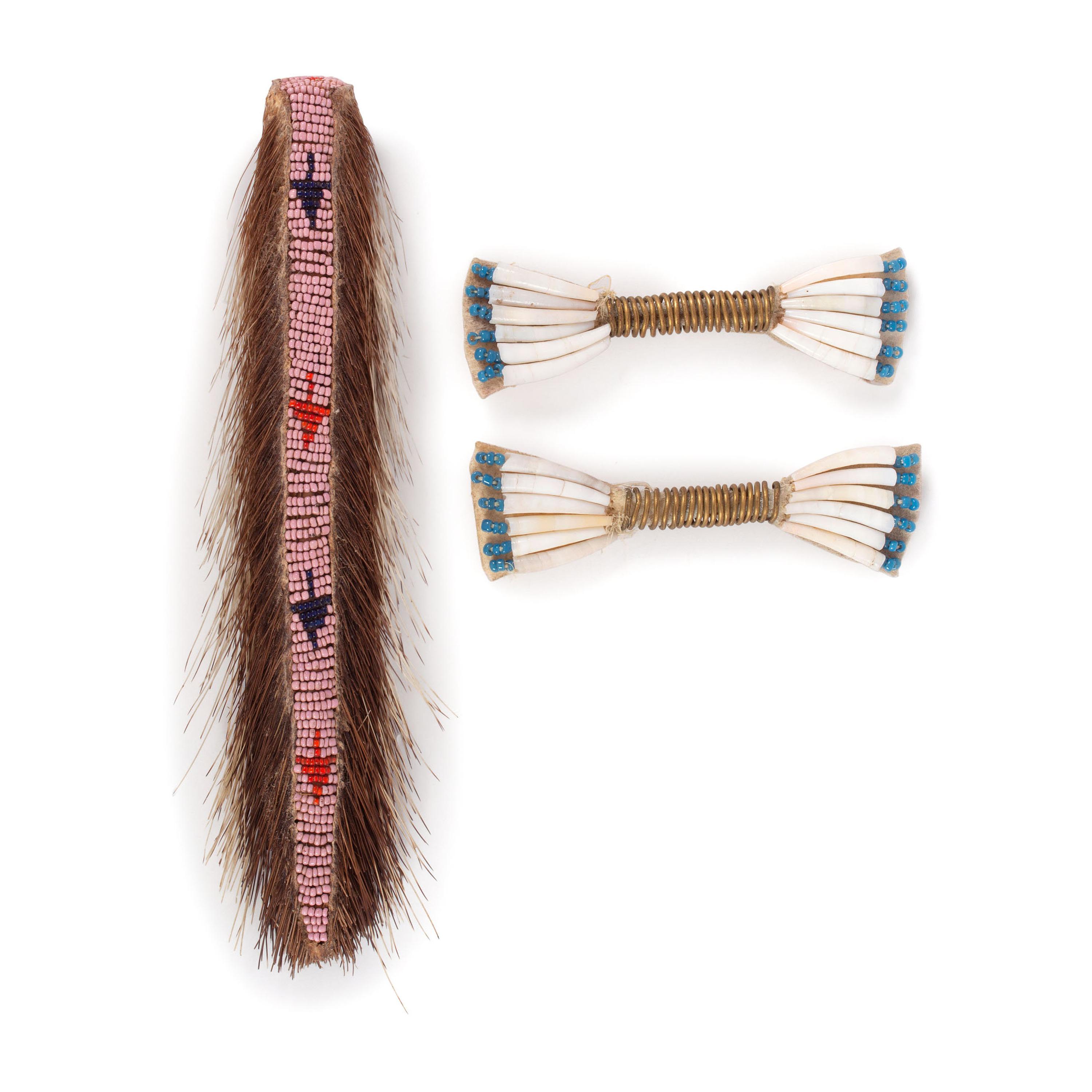 Plains Dentalia Shell and Brass Wire Hair Ornaments, PLUS Beaded Porcupine Hair Brush